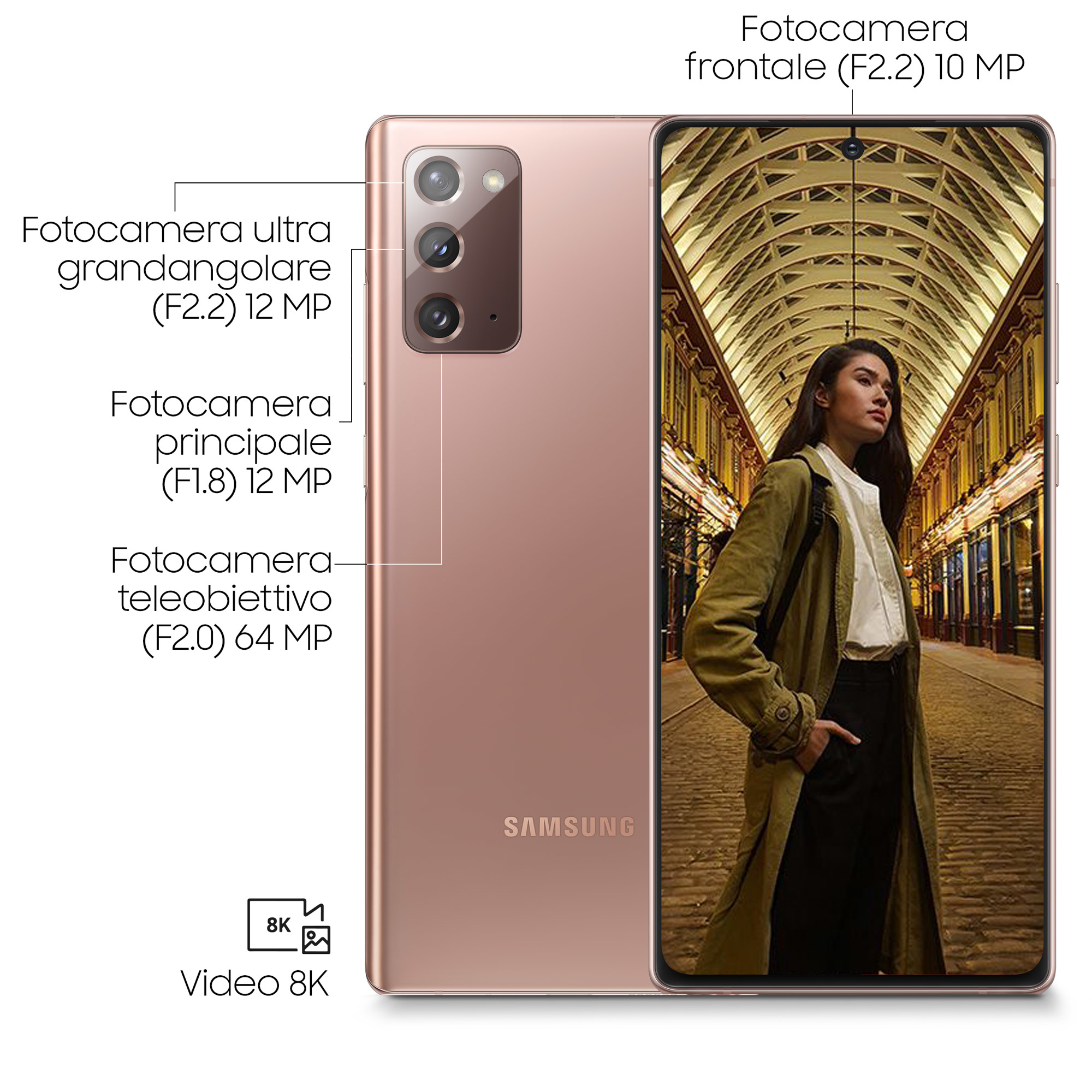 Samsung-Telefon mit Rück- und Vorderansicht. Rückseite hat Kameras, auf dem Display ist eine Frau zu sehen.