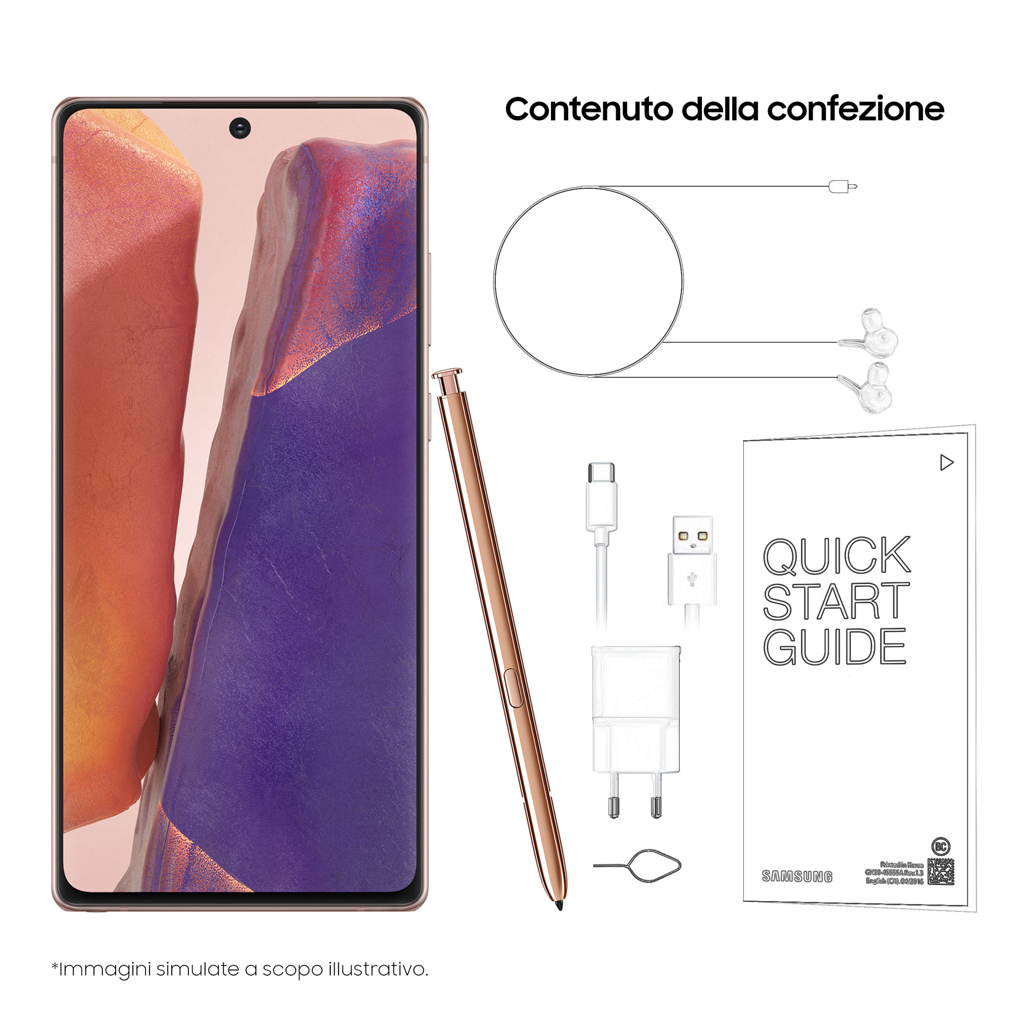 Smartphone-Box-Inhalt: Telefon, Stift, Ladegerät, Kabel, Kopfhörer und Kurzanleitung.