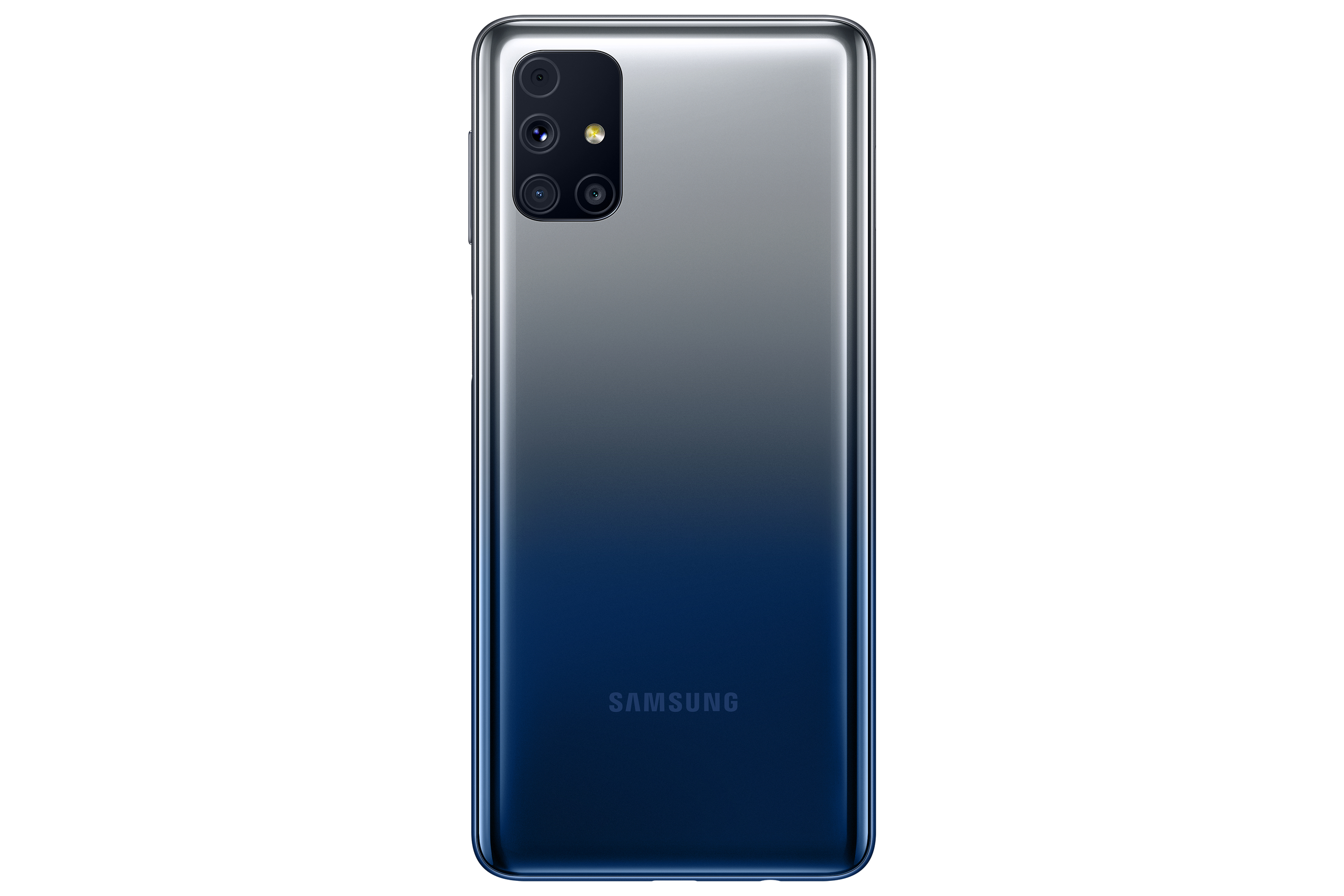 Parte trasera de un smartphone con degradado azul y plateado. El nombre de la marca Samsung es visible.