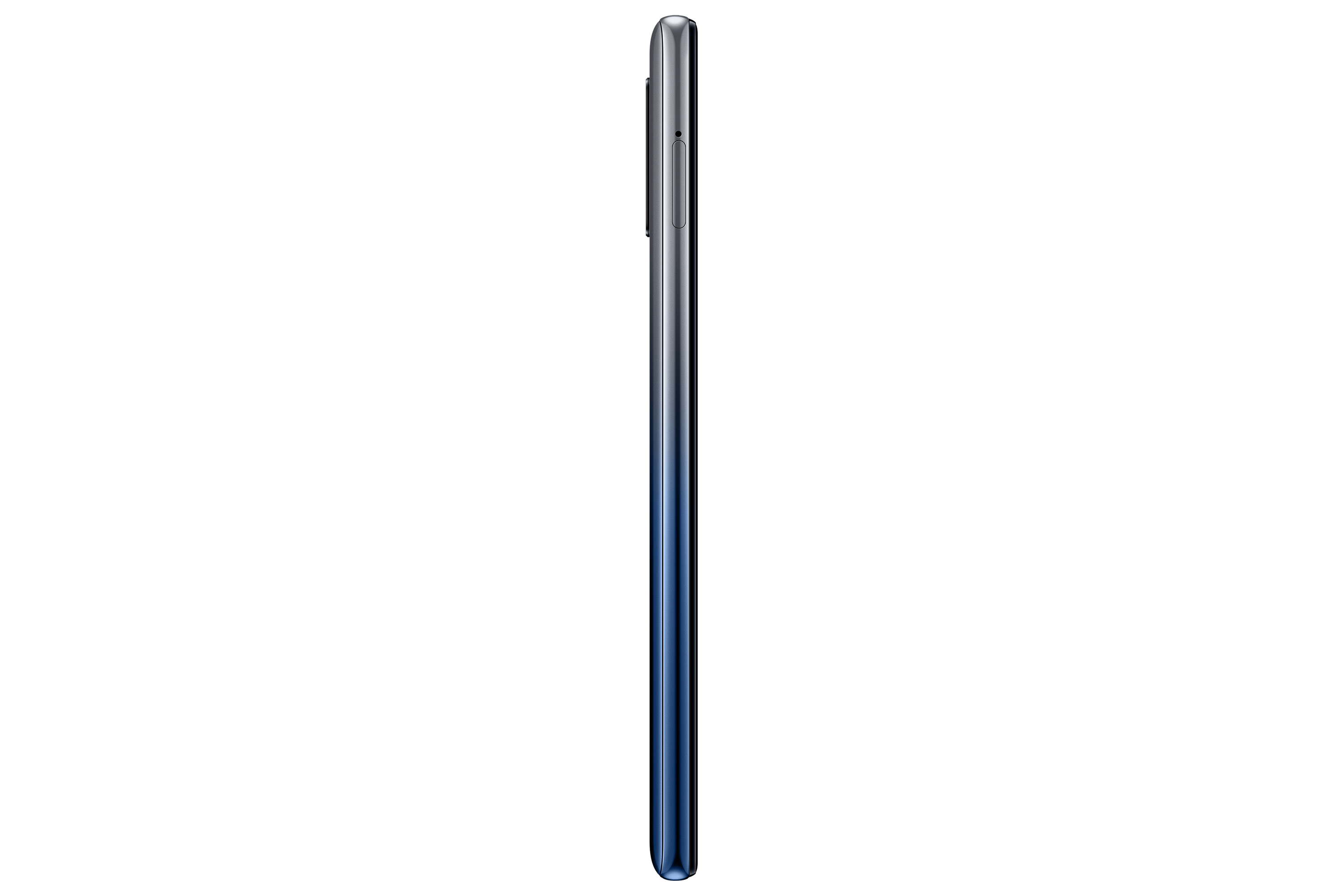 Vista lateral de un smartphone azul. Muestra el perfil lateral del dispositivo con botones y diseño elegante.