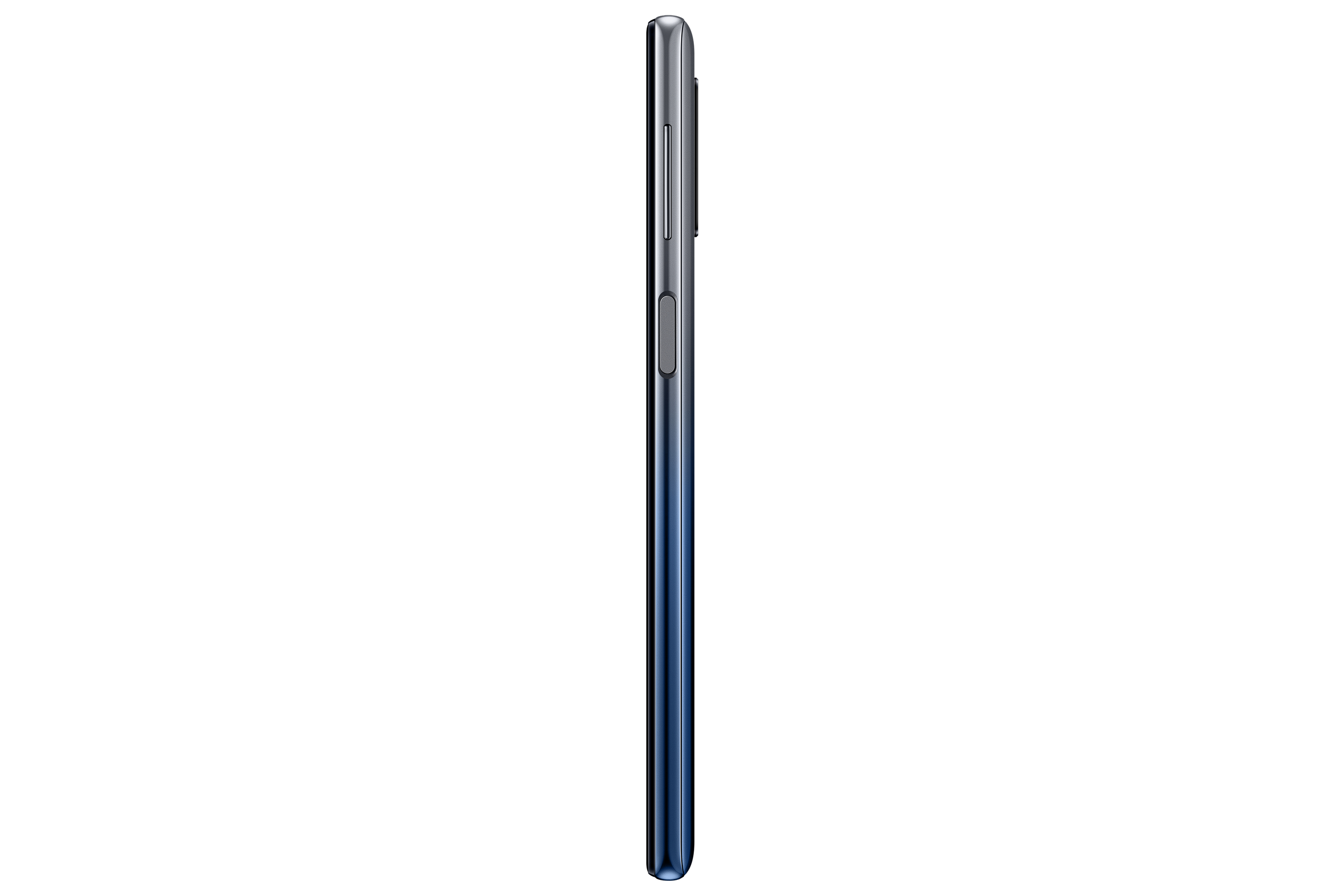 Una vista lateral de un teléfono con un degradado azul oscuro, que muestra los botones laterales, aislado sobre blanco.