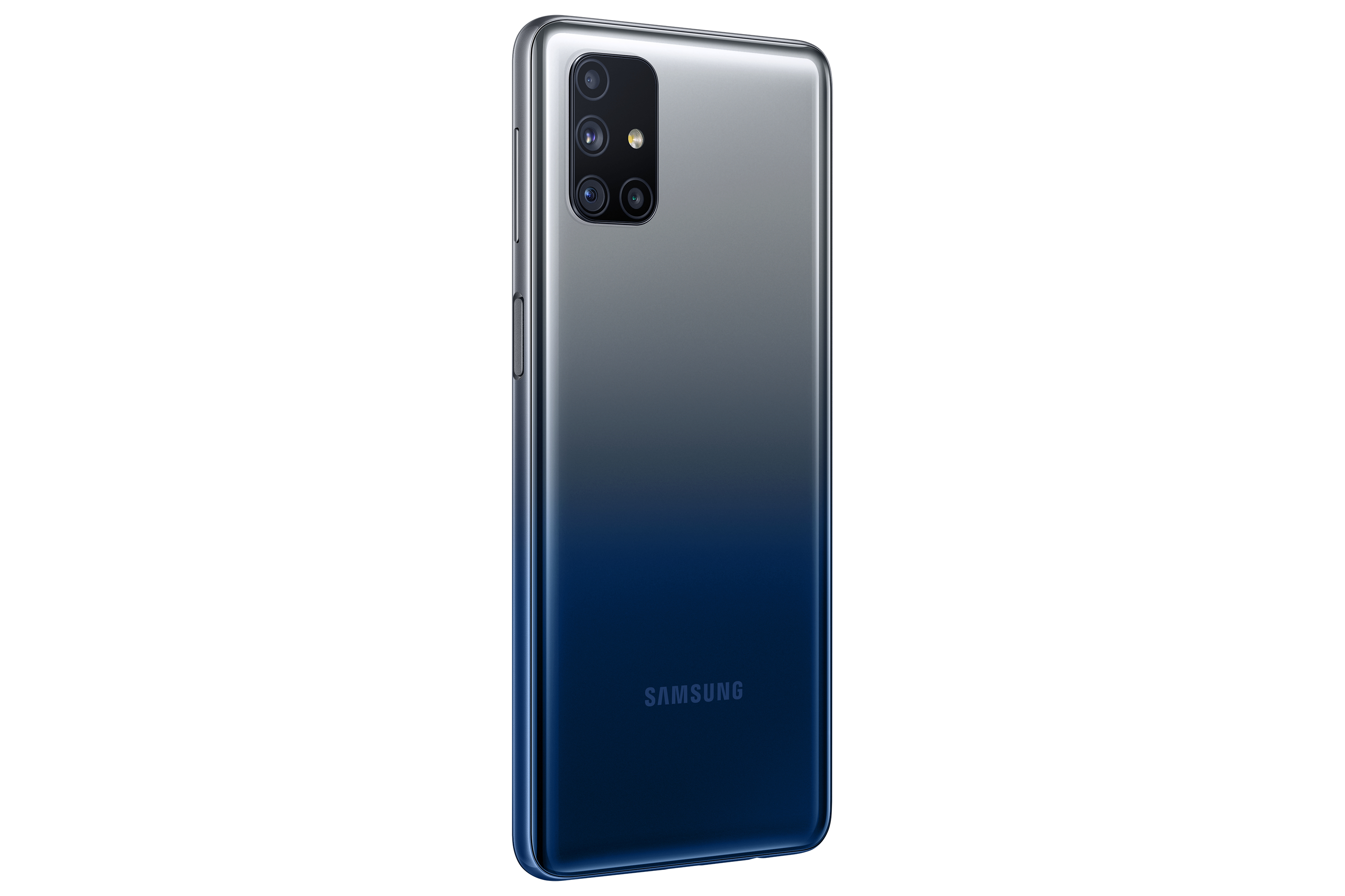 Teléfono Samsung negro y azul mostrando la parte trasera. Fondo blanco.