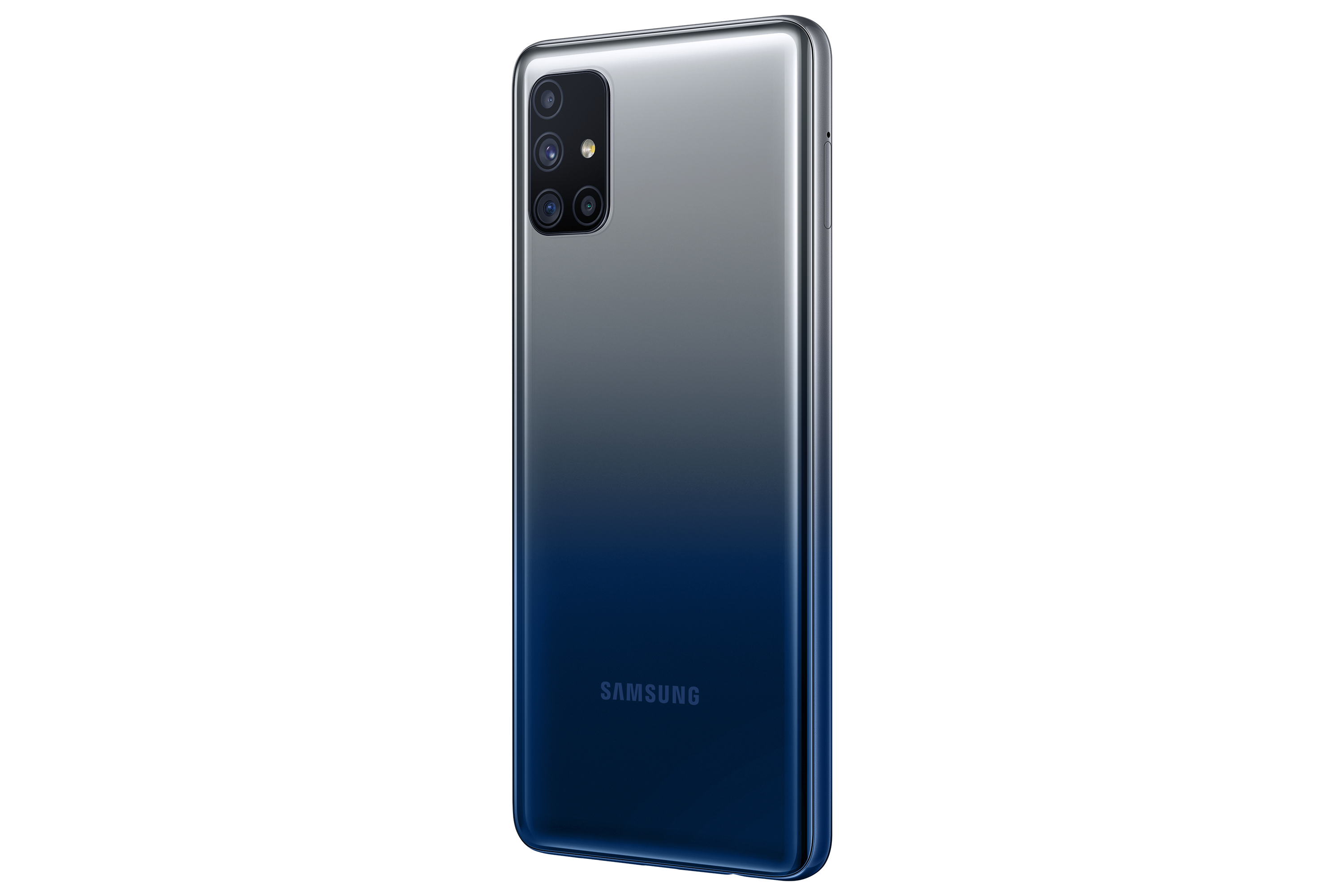 Parte trasera de un teléfono azul-gris. Logotipo de Samsung visible. Fondo blanco.