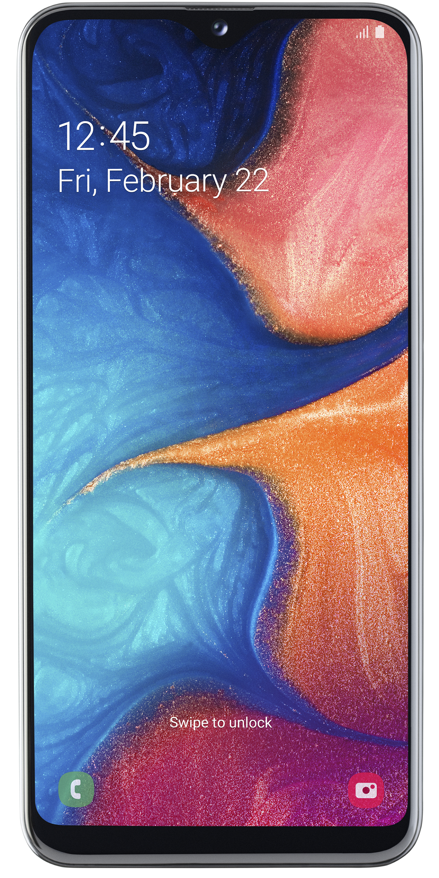 Telefon zeigt farbenfrohe abstrakte Kunst und Zeit. Blaue, orange und rosa Farbtöne. Weißer Hintergrund.