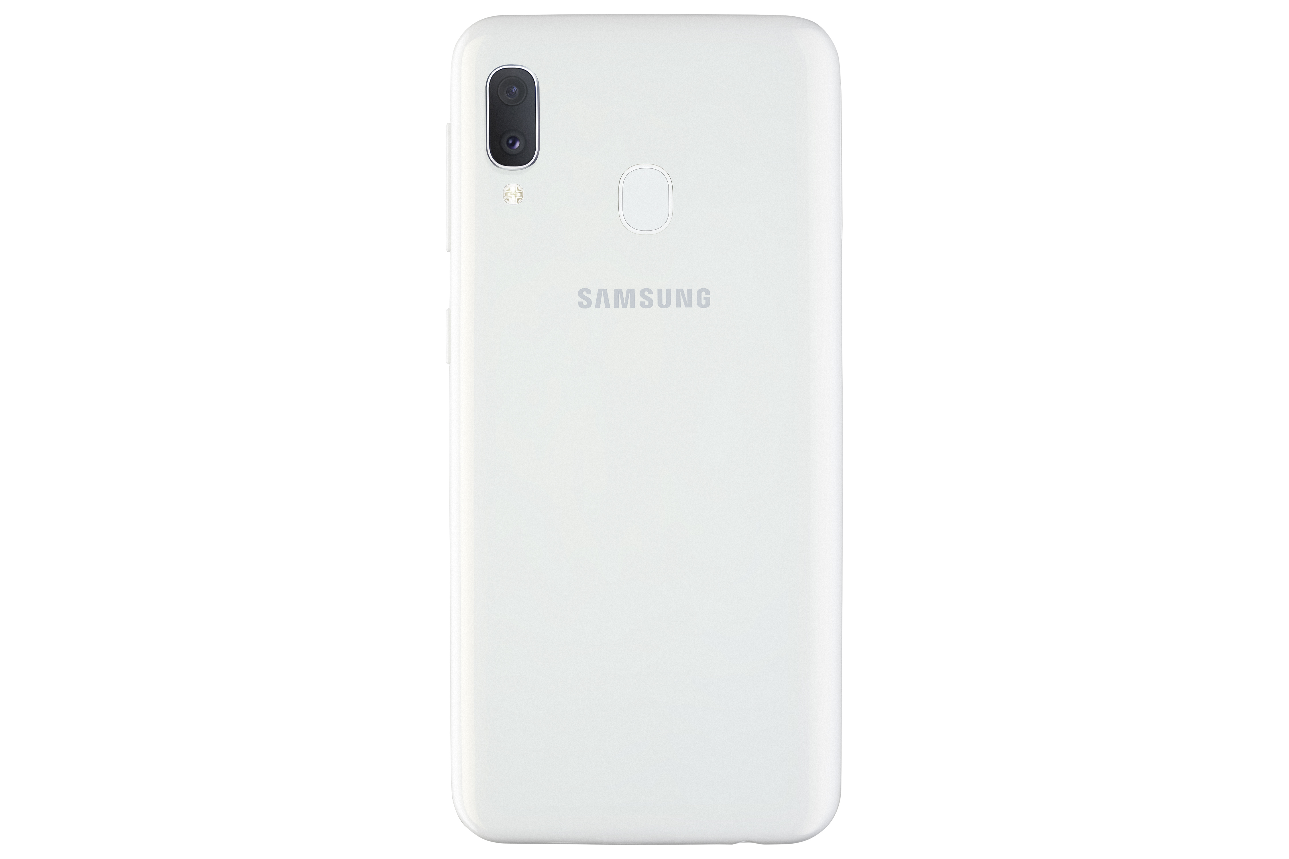 Rückseite eines weißen Telefons mit Kamera und Samsung-Logo.