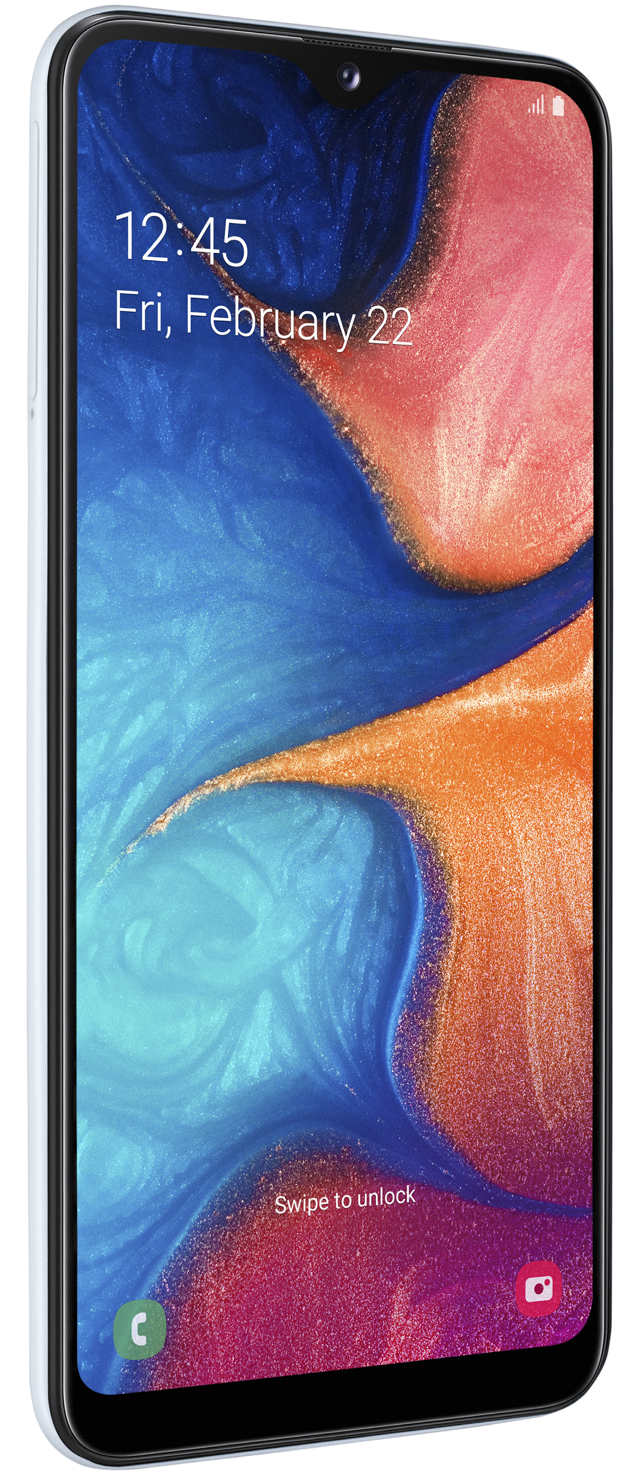 Samsung-Telefonbildschirm zeigt Uhrzeit und Datum, mit buntem, abstraktem Hintergrund.