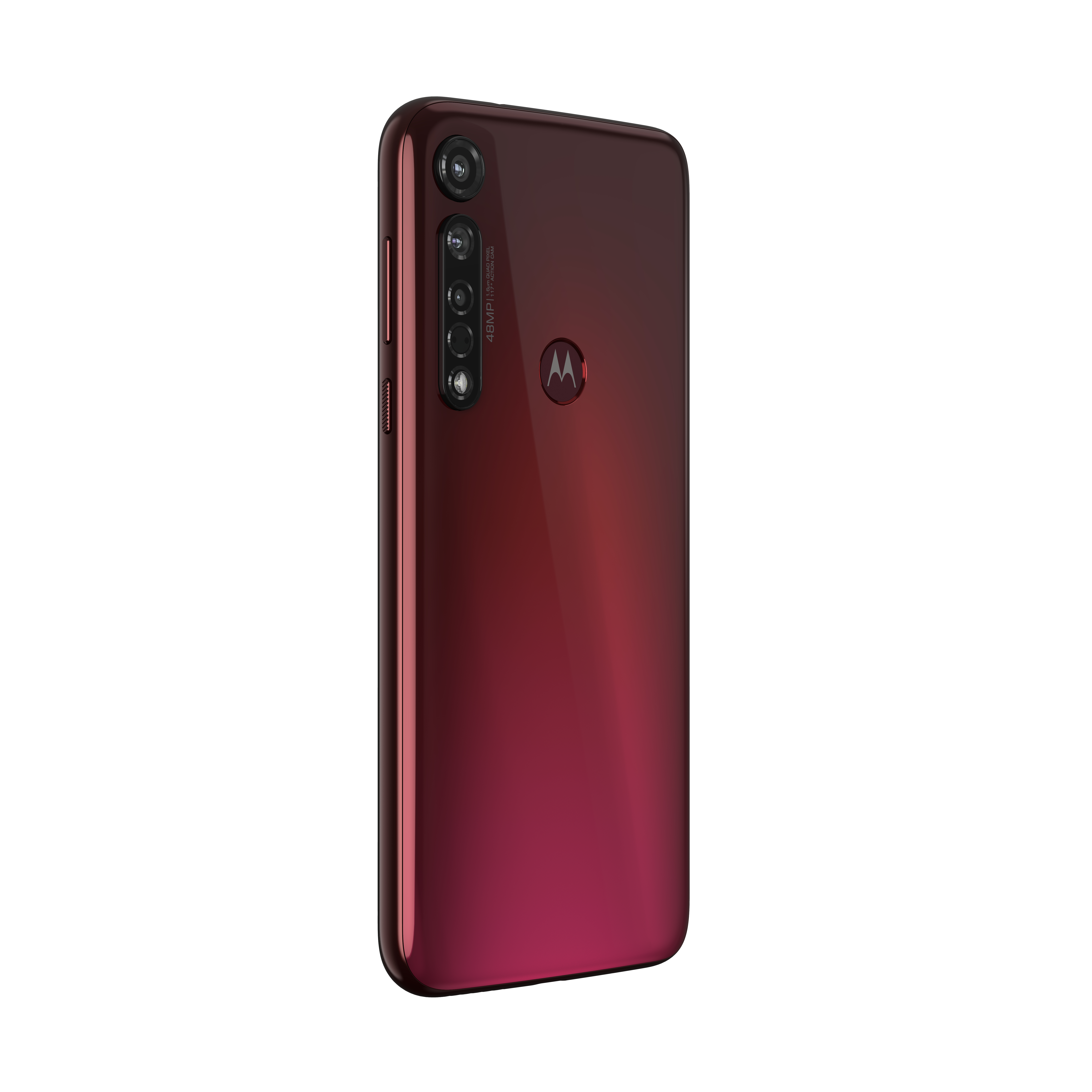 Burgunderrotes Motorola-Handy, Rückansicht. Verfügt über drei Kameras, einen Blitz und ein Motorola-Logo.