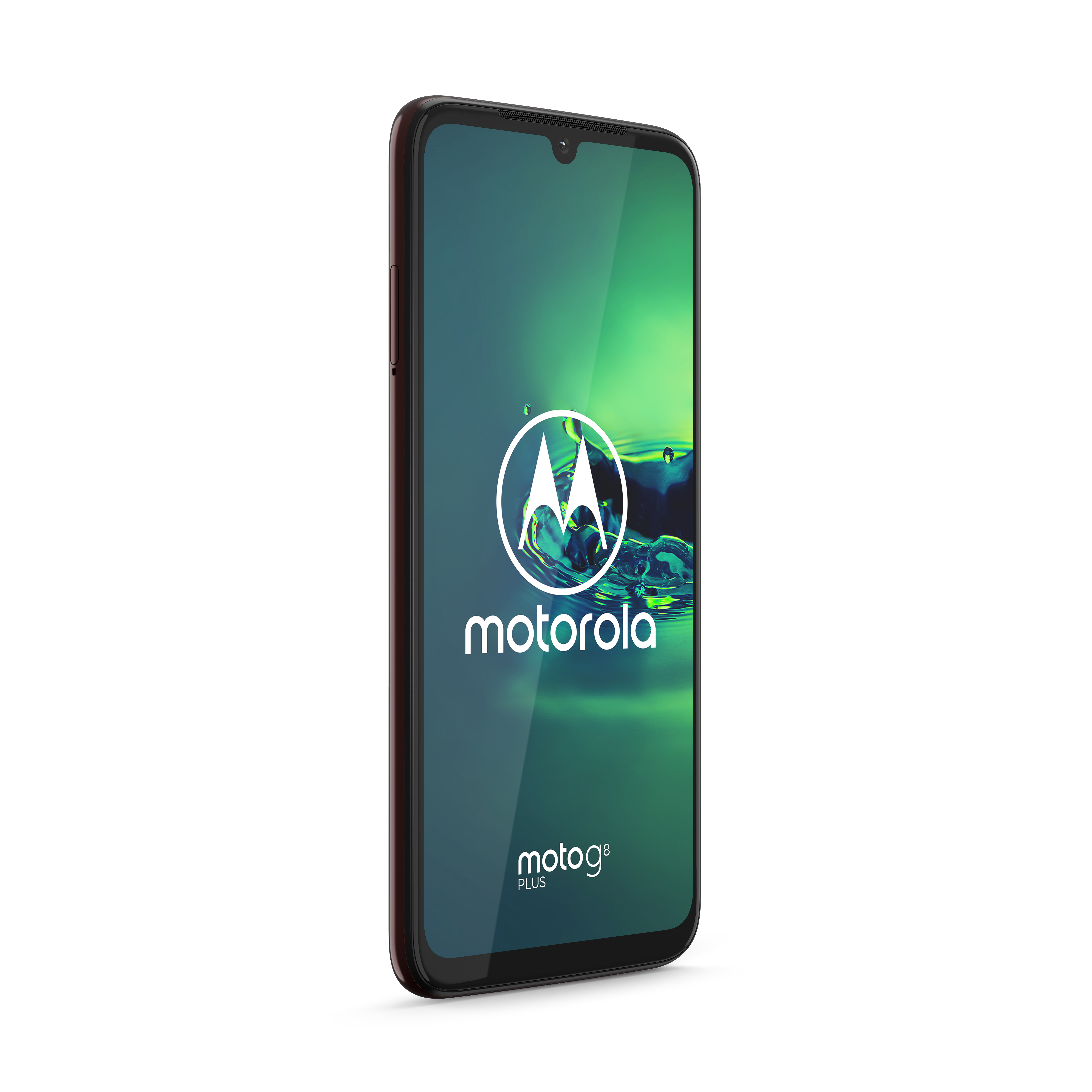 Ein Smartphone mit rotem Rahmen und grünem Bildschirm, der das Motorola-Logo zeigt.