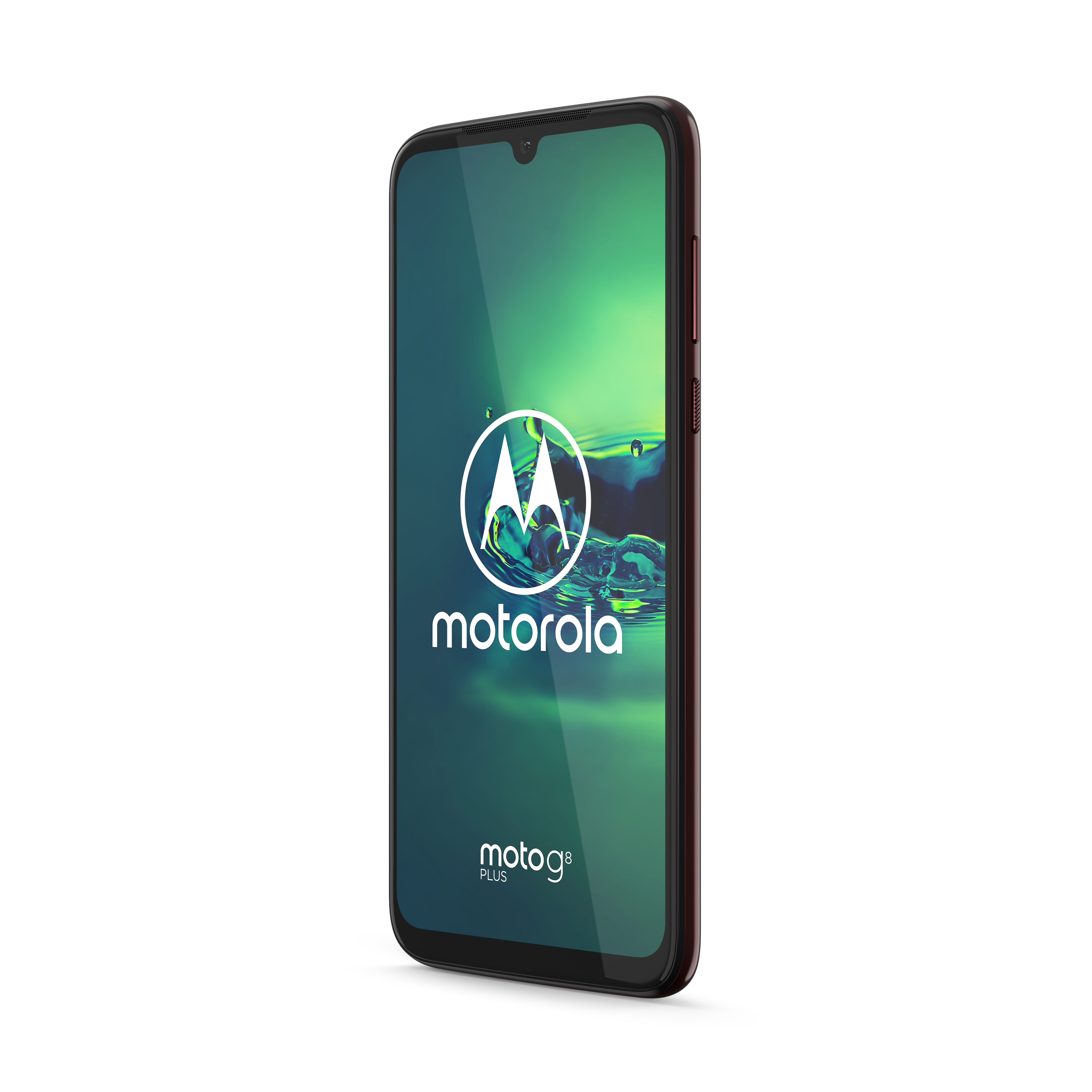 Motorola-Telefon. Das Display zeigt einen grünen und lila Hintergrund mit dem Motorola-Logo. Es ist kastanienbraun.