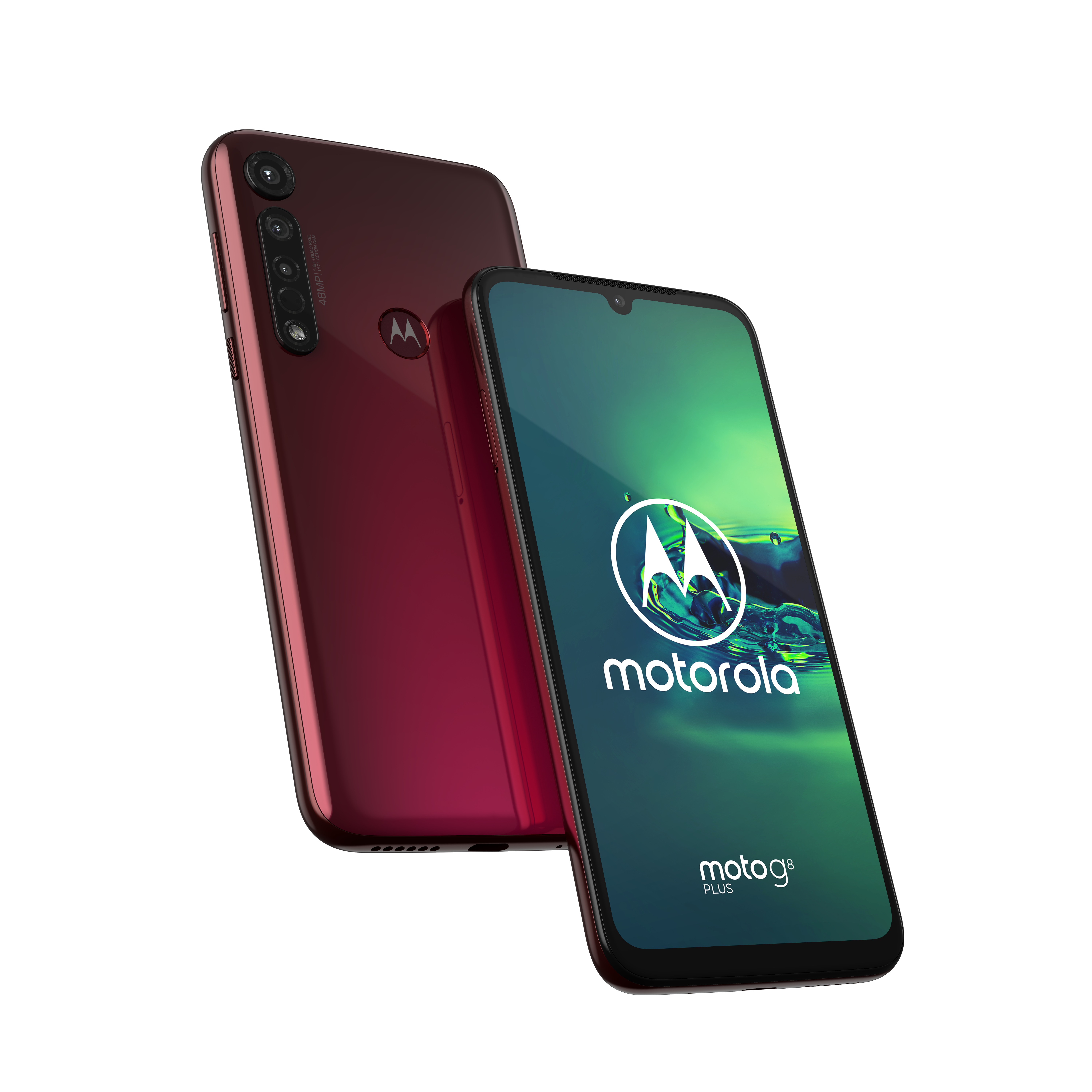 Motorola-Telefon, roter Rücken und grünes Display mit Logo. Weißer Hintergrund.