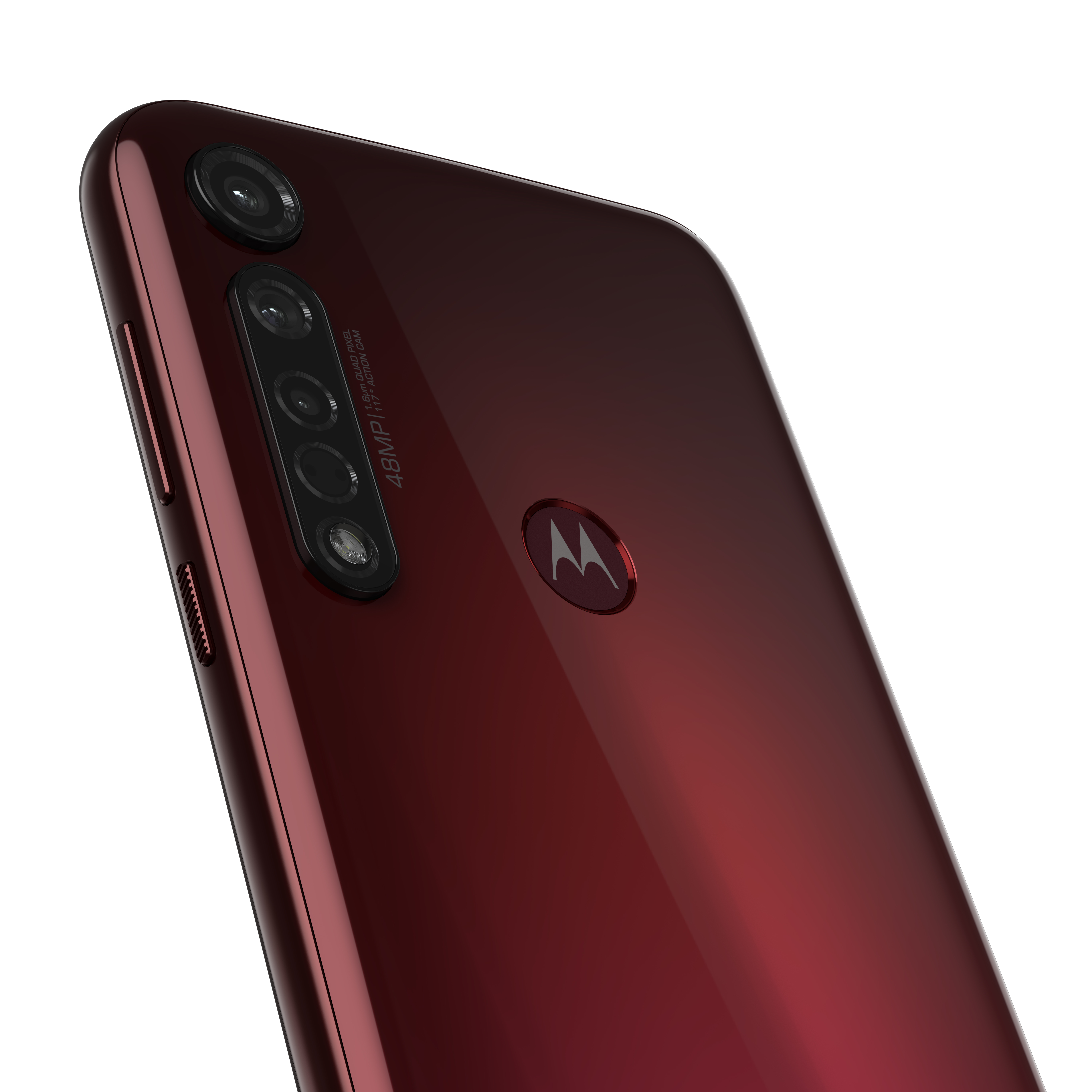 Rotes Motorola-Telefon mit drei Kameras. Das Motorola-Logo ist sichtbar.