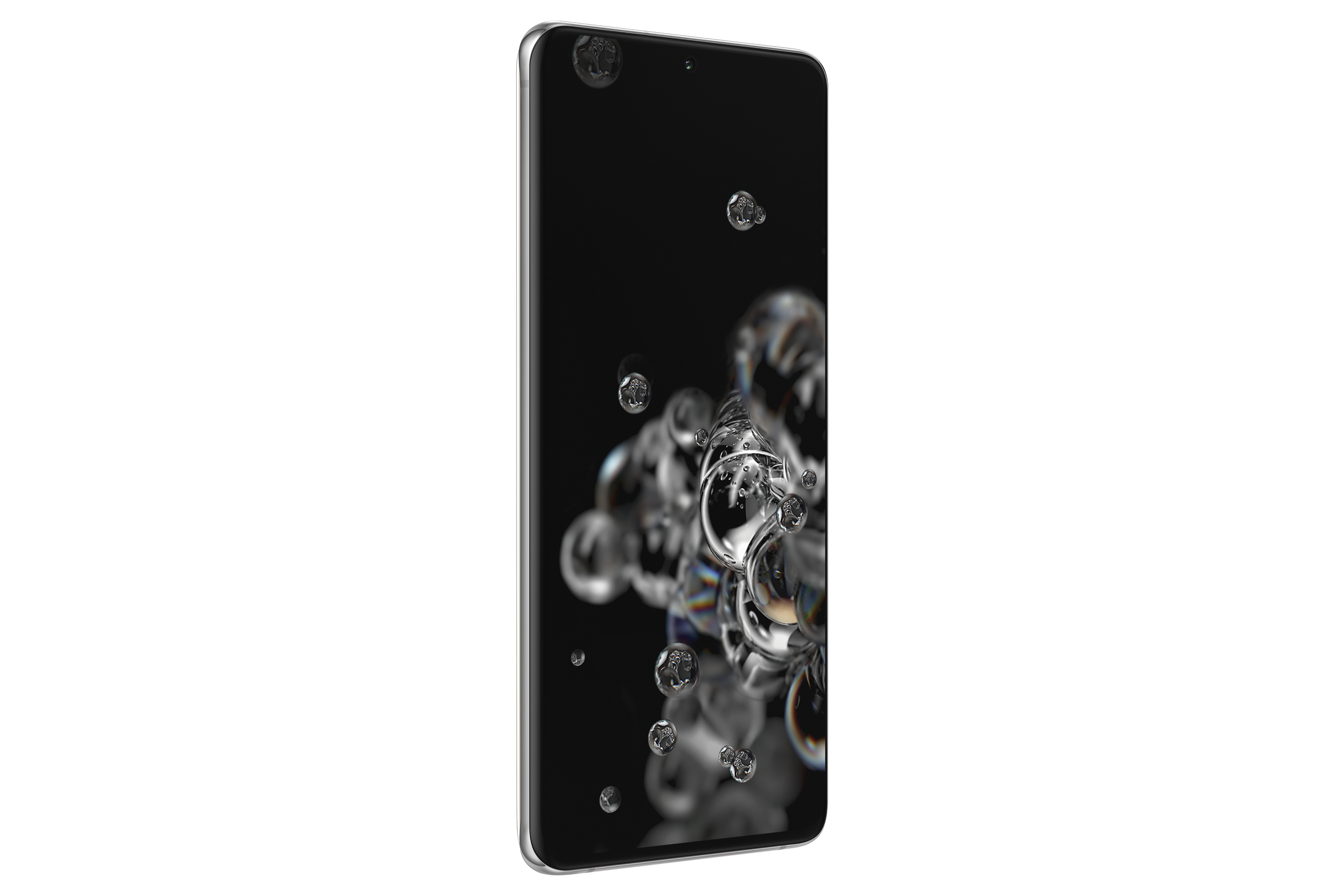 Telefon mit schwarzem Bildschirm und Wasserblasen. Das Telefon hat einen silbernen Rahmen und weißen Hintergrund.