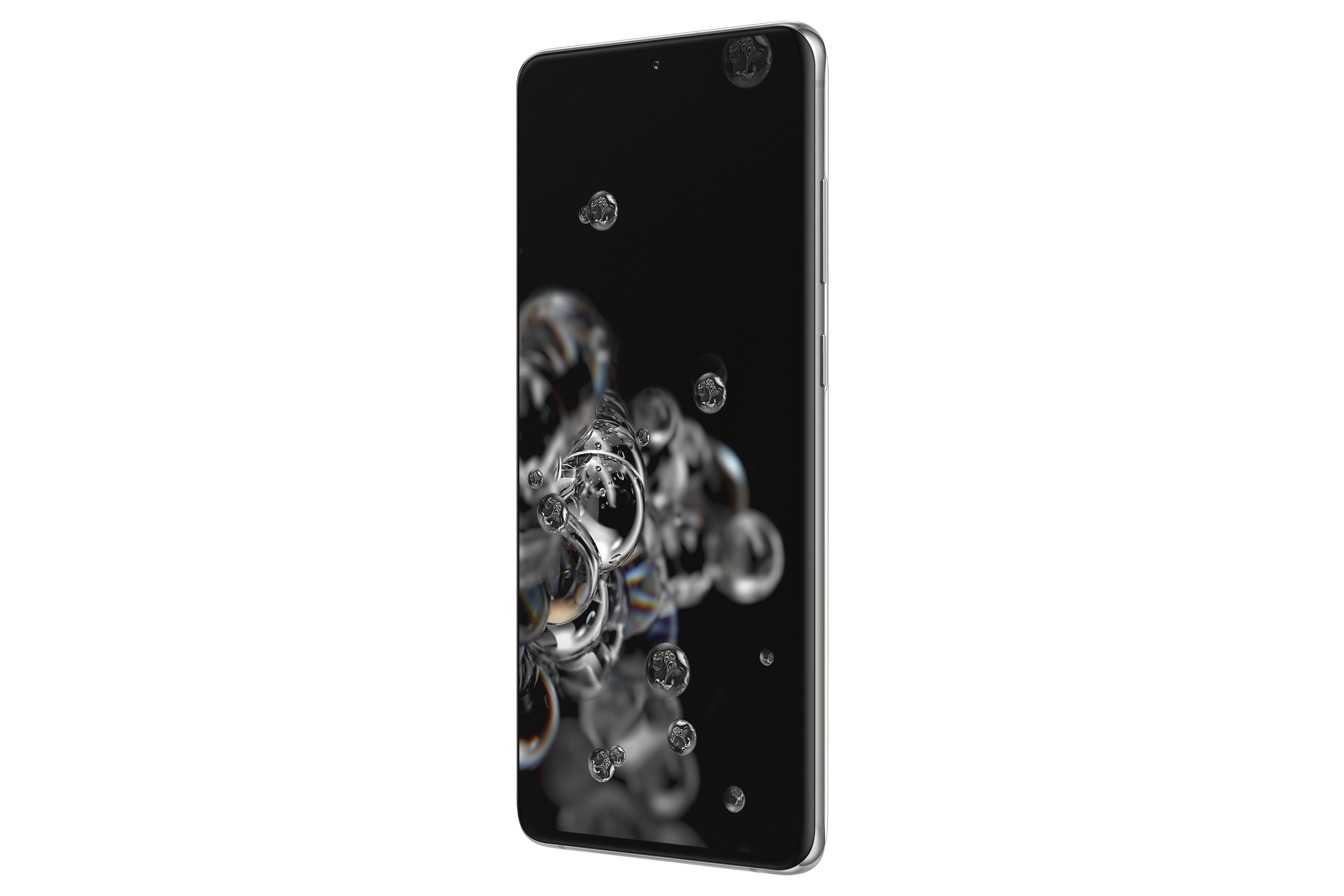 Schwarzes Smartphone mit Blasen auf dem Bildschirm. Weißer Hintergrund.