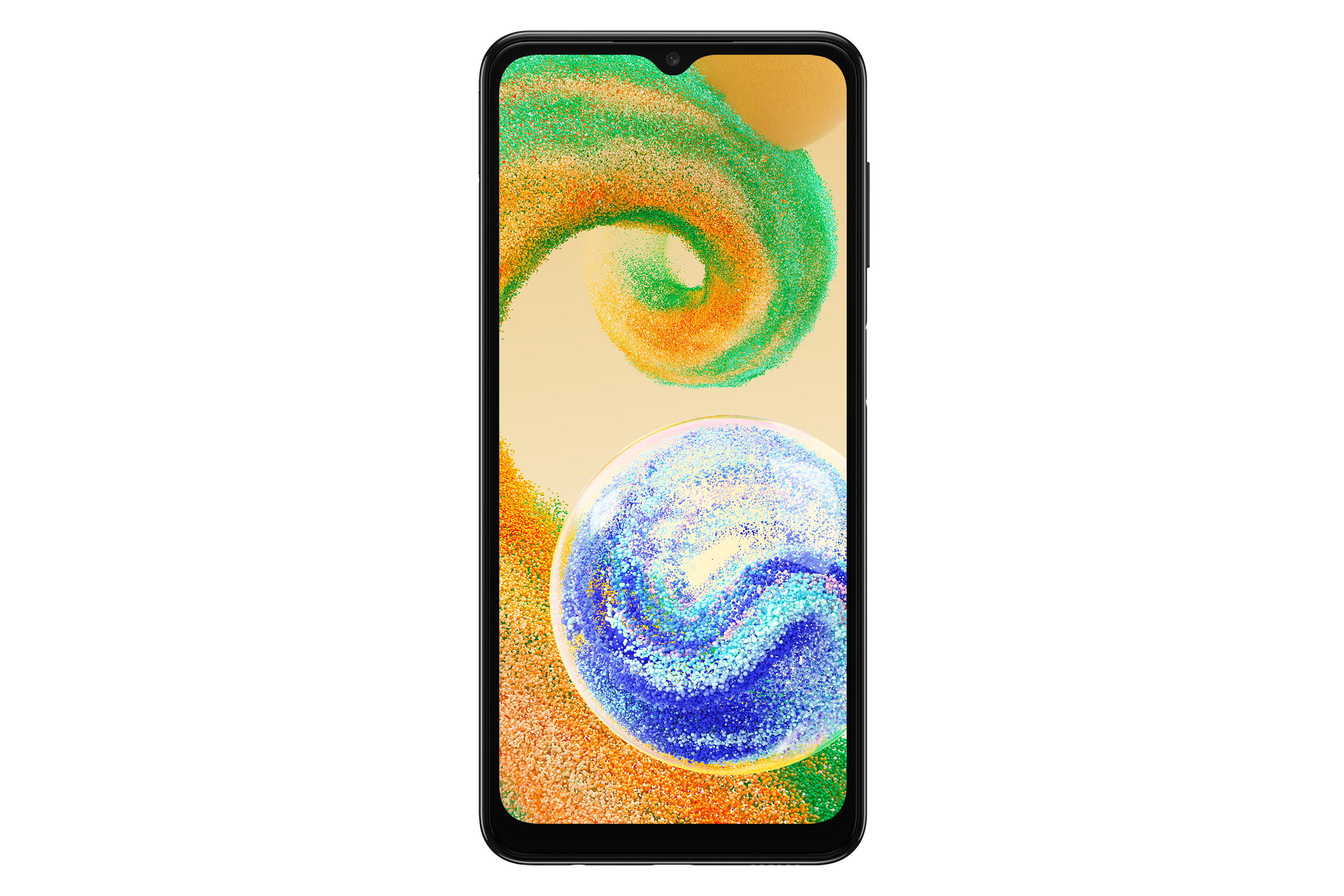 Czarny smartfon z wyświetlaczem przedstawiającym abstrakcyjny wzór wirów i kolorów.