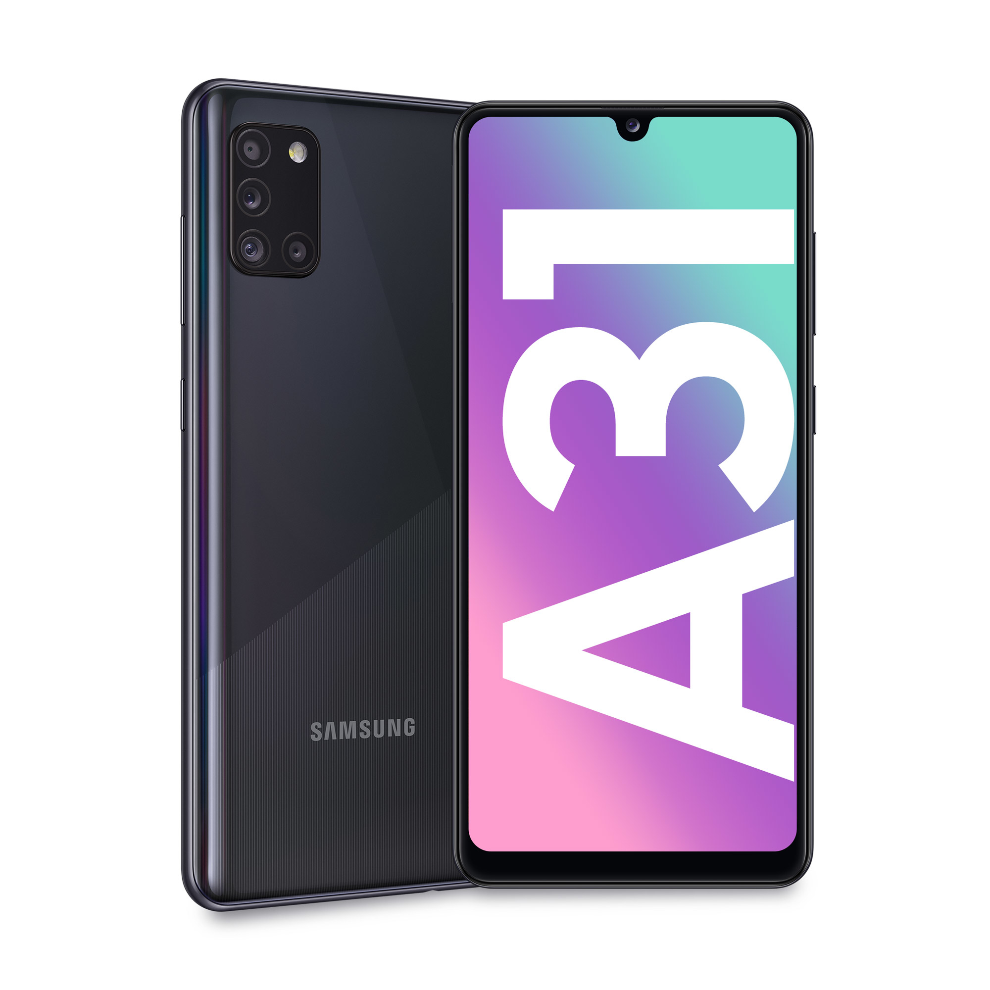 Teléfono Samsung A31, vista trasera y frontal. Parte trasera negra y texto A31 en pantalla.