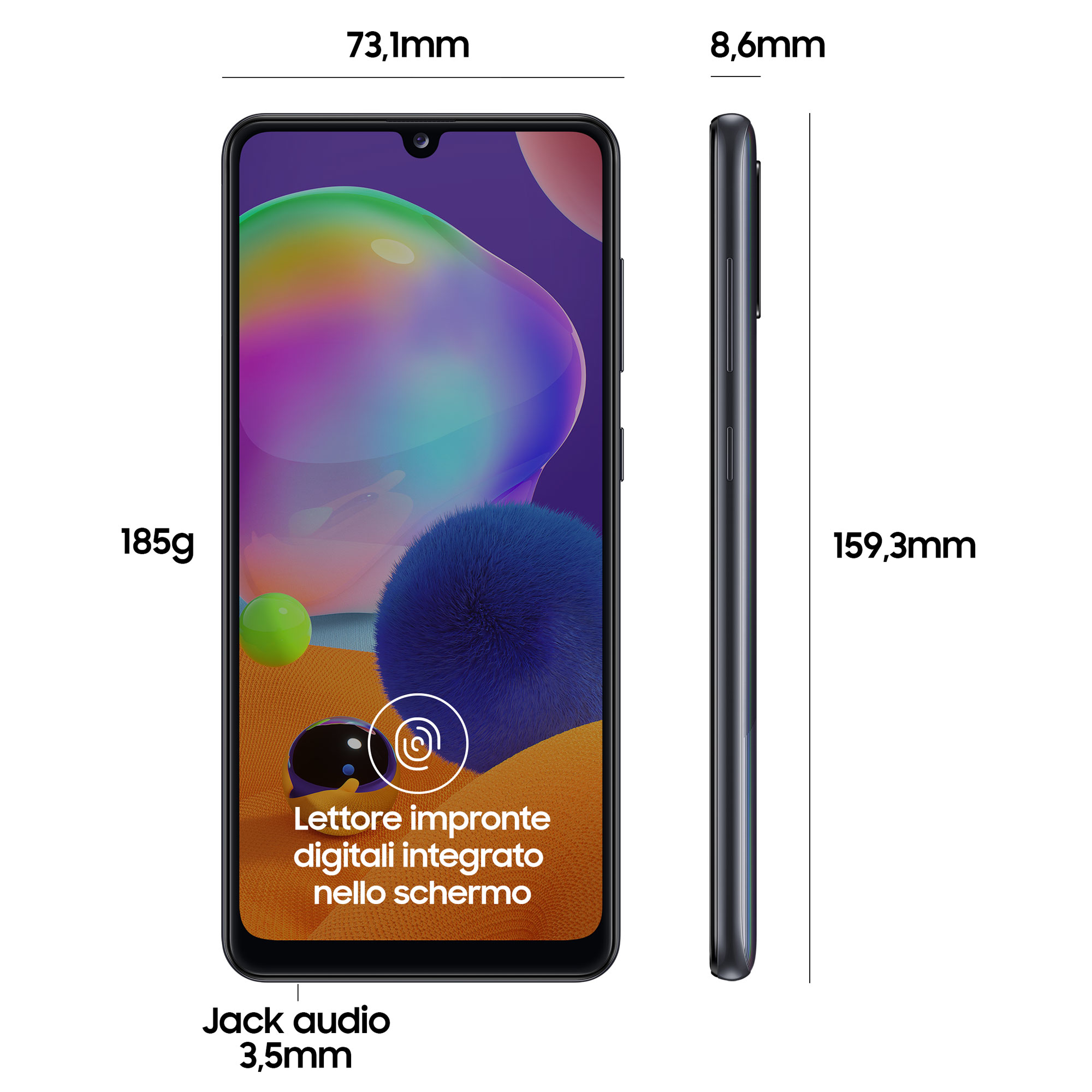 Teléfono con dimensiones, incluyendo pantalla, y sensor de huellas dactilares.