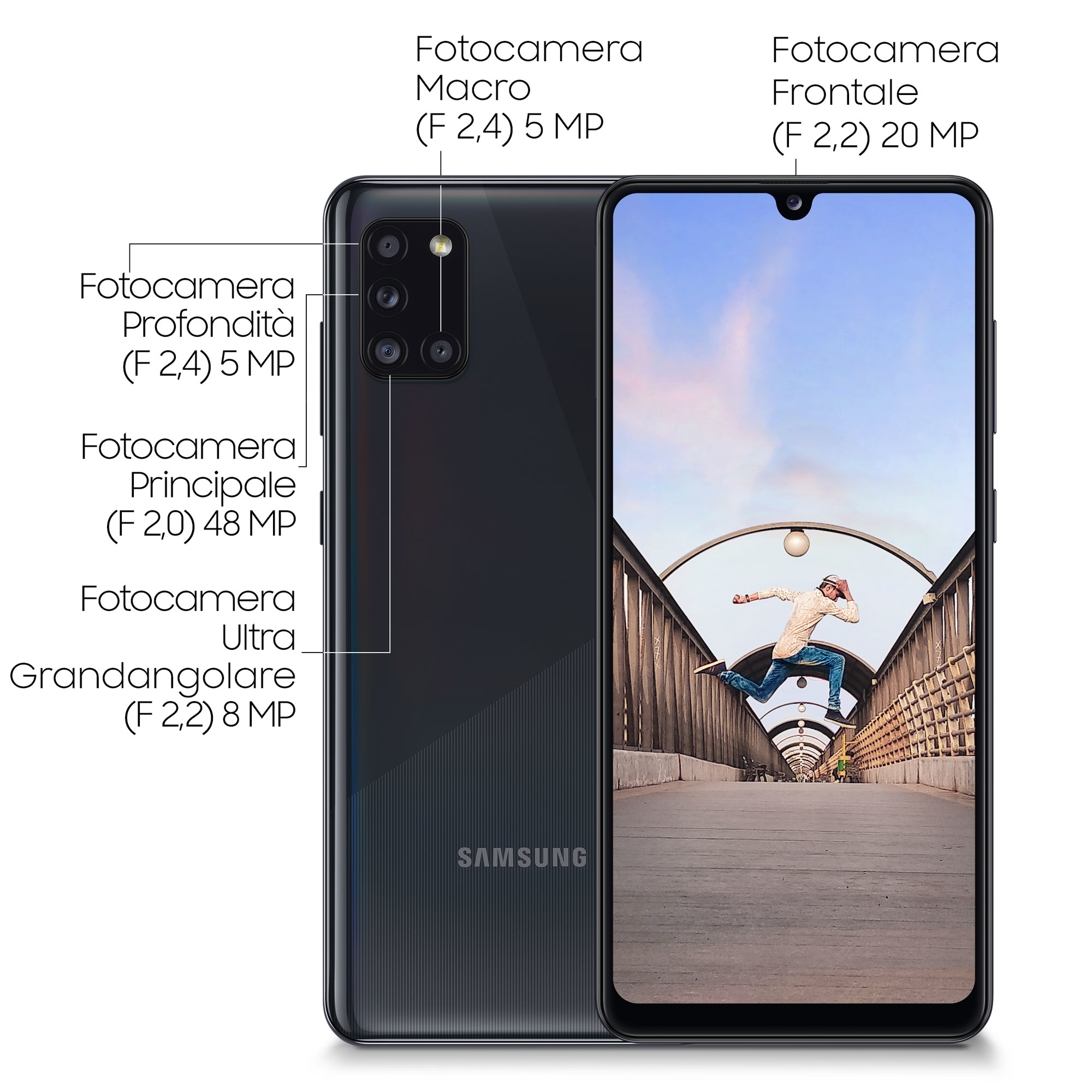 Teléfono con detalles de la cámara. Muestra la parte delantera y trasera de un teléfono.