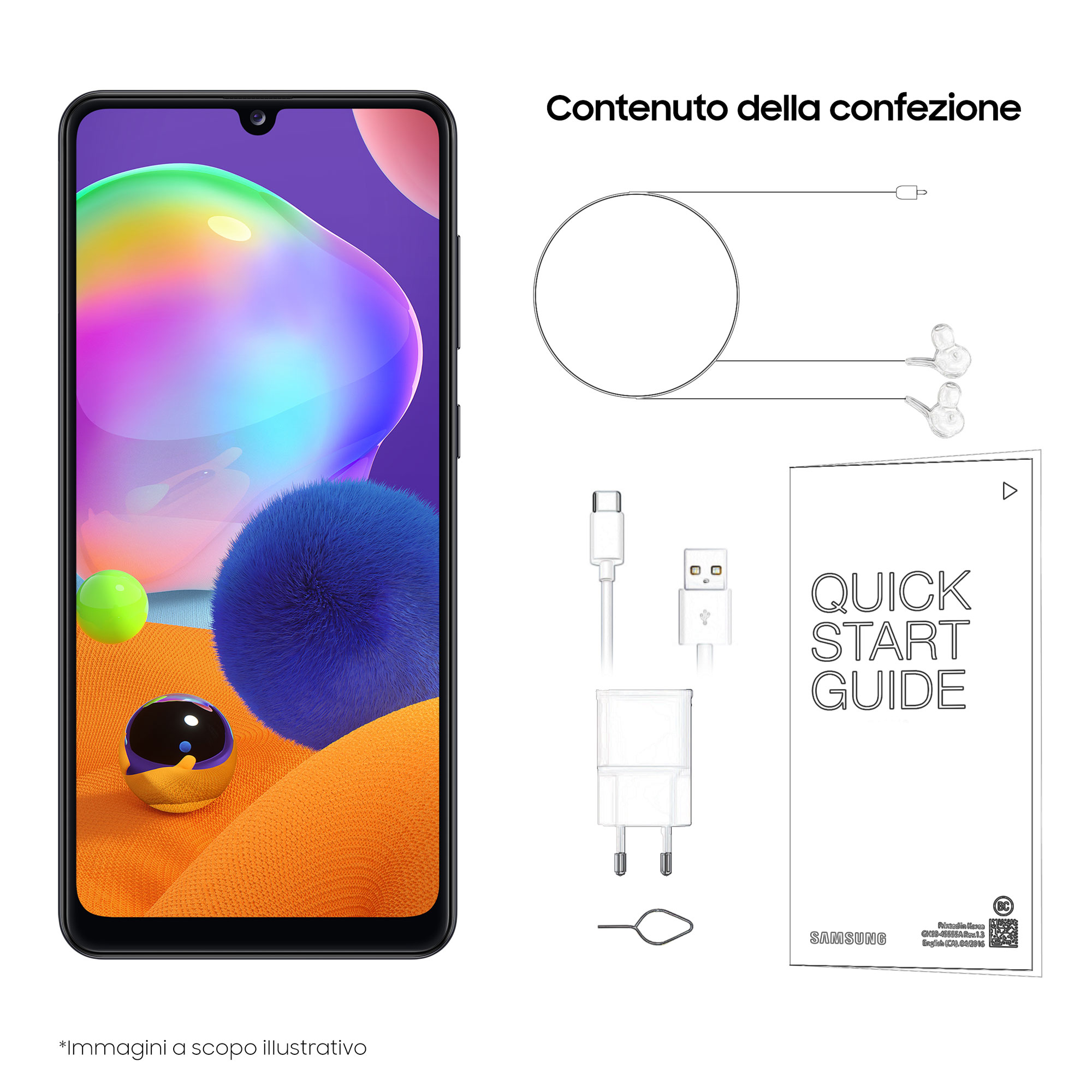 Contenido de la caja del teléfono Samsung: teléfono, auriculares, cable, adaptador, herramienta de expulsión SIM y guía rápida.