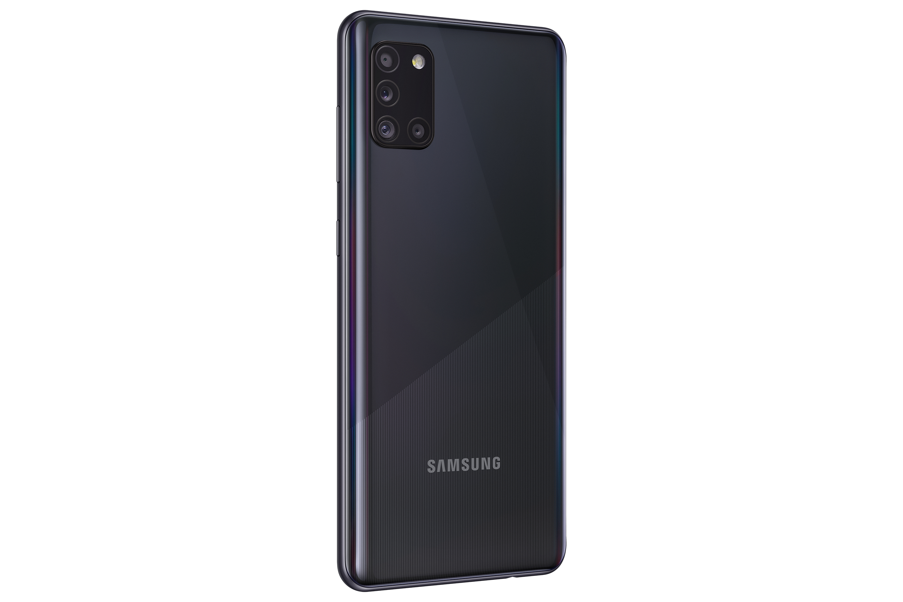 Vista trasera de un smartphone negro con múltiples cámaras y el logotipo de Samsung. Diseño de rayas verticales.