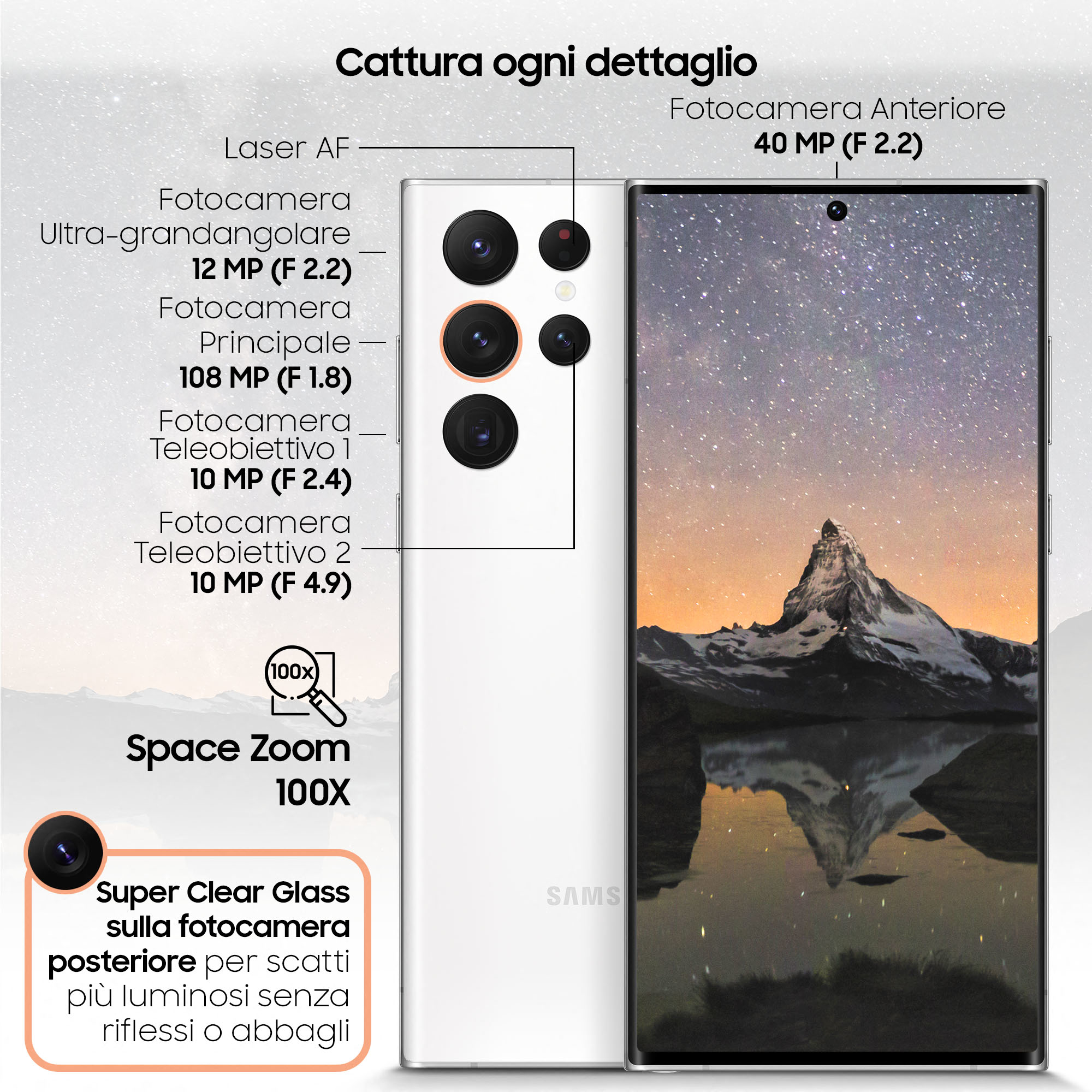 Ein weißes Smartphone-Rückseite mit mehreren Kameralinsen und einem Display mit Berglandschaft.