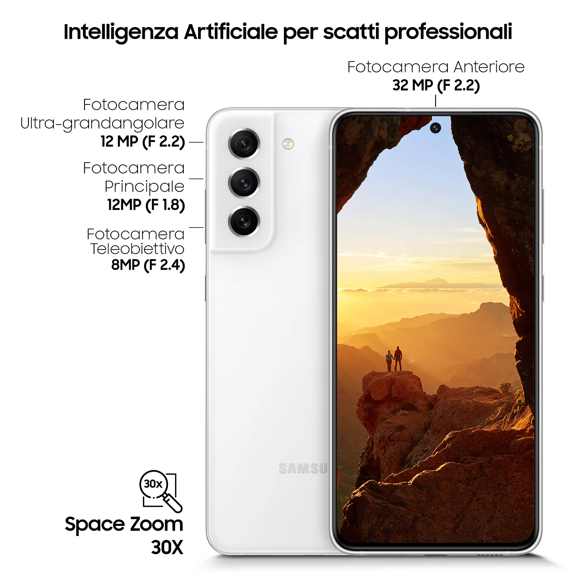 Biały smartfon ze szczegółami aparatu, główny ekran wyświetla zdjęcie krajobrazu. Tekst 'Space Zoom 30X'.