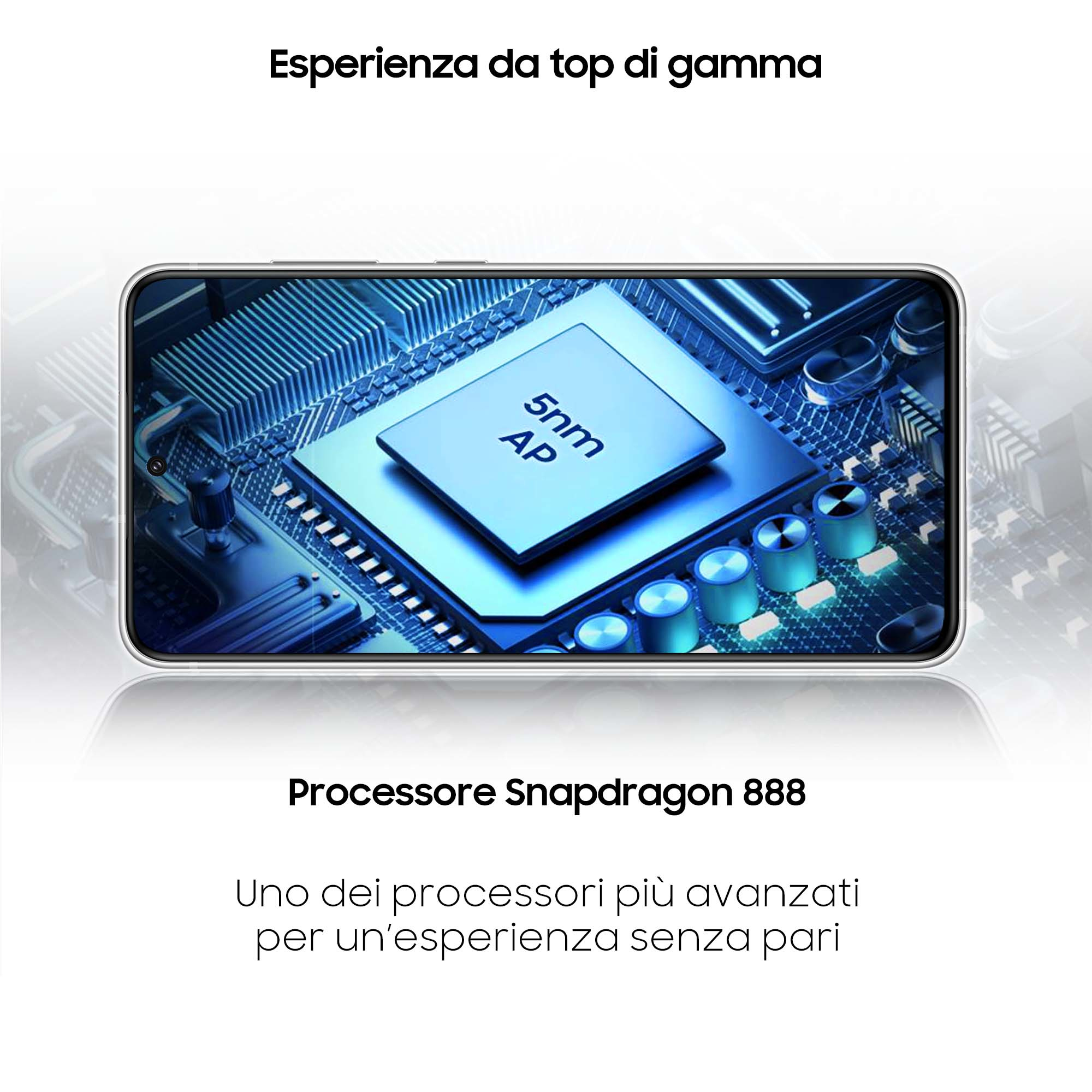 Ekran smartfona. Tekst: Procesor Snapdragon 888. Chip i płytka drukowana.