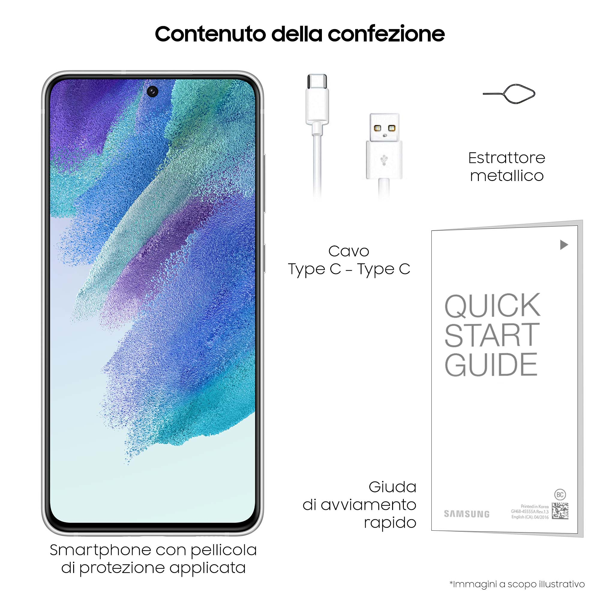 Smartfon z akcesoriami: kabel USB-C, narzędzie SIM i instrukcja szybkiego startu.