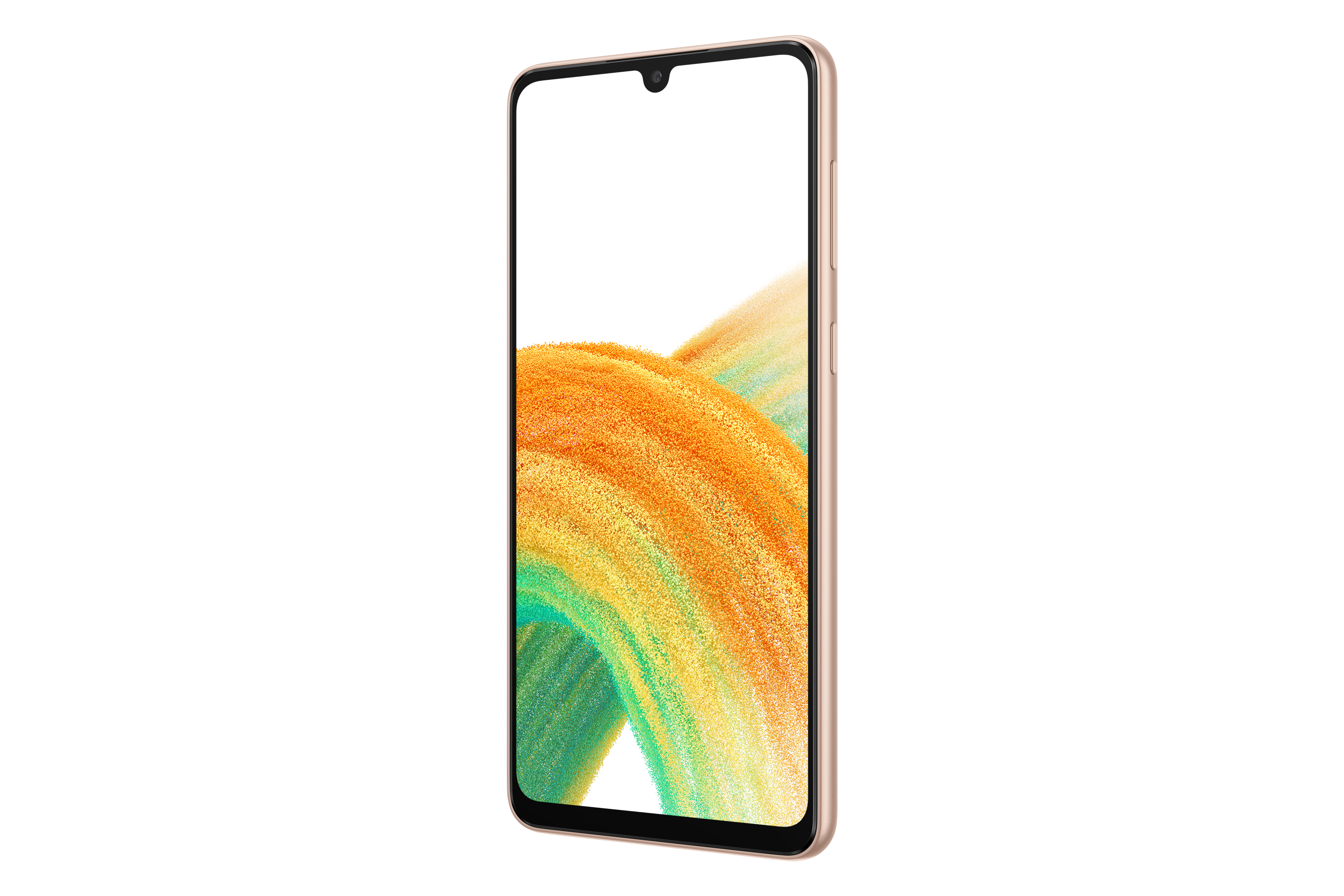 Telefon z pustym ekranem, złotą ramką, białe tło.