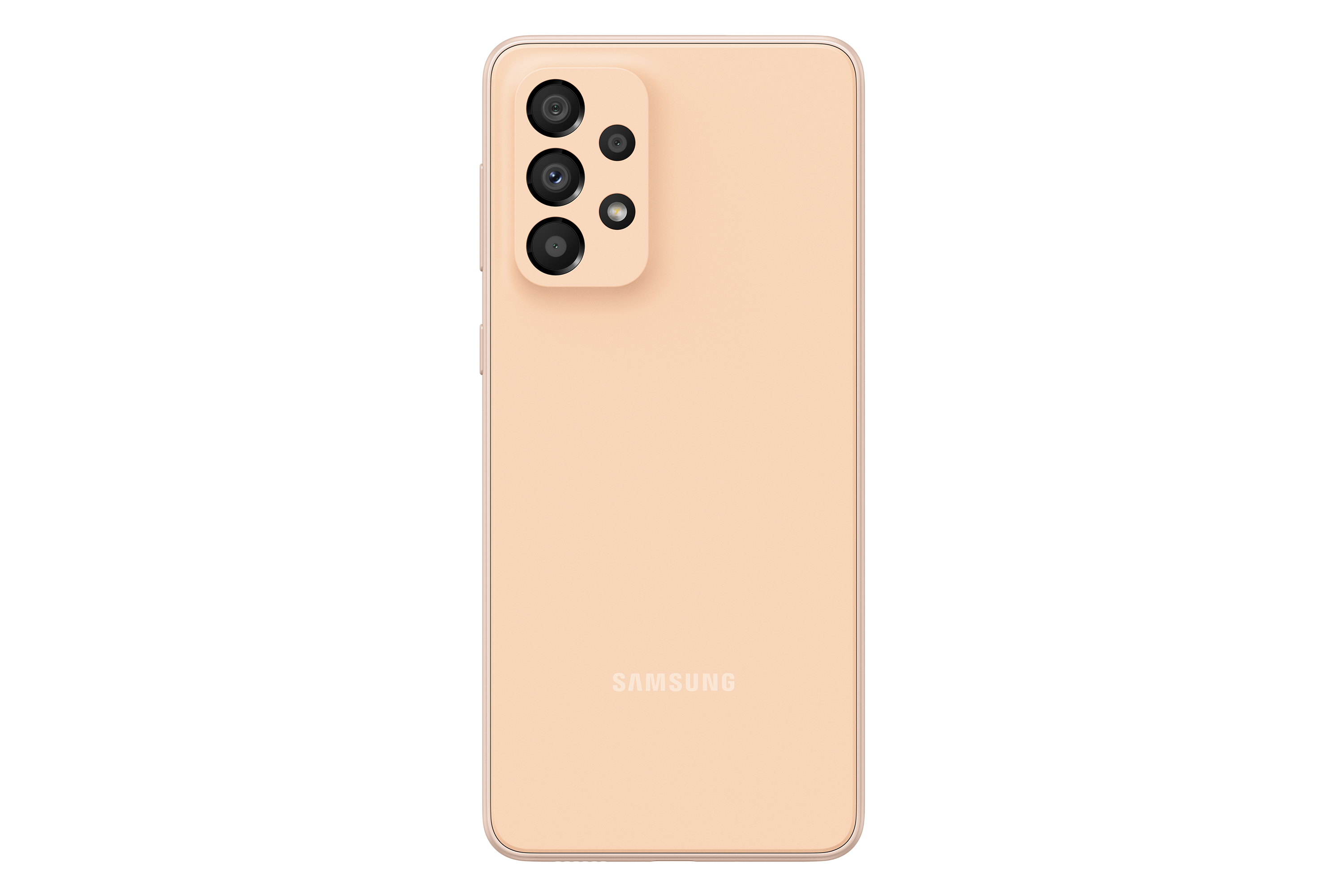 Tył smartfona w kolorze brzoskwiniowym z trzema aparatami i logo Samsung.