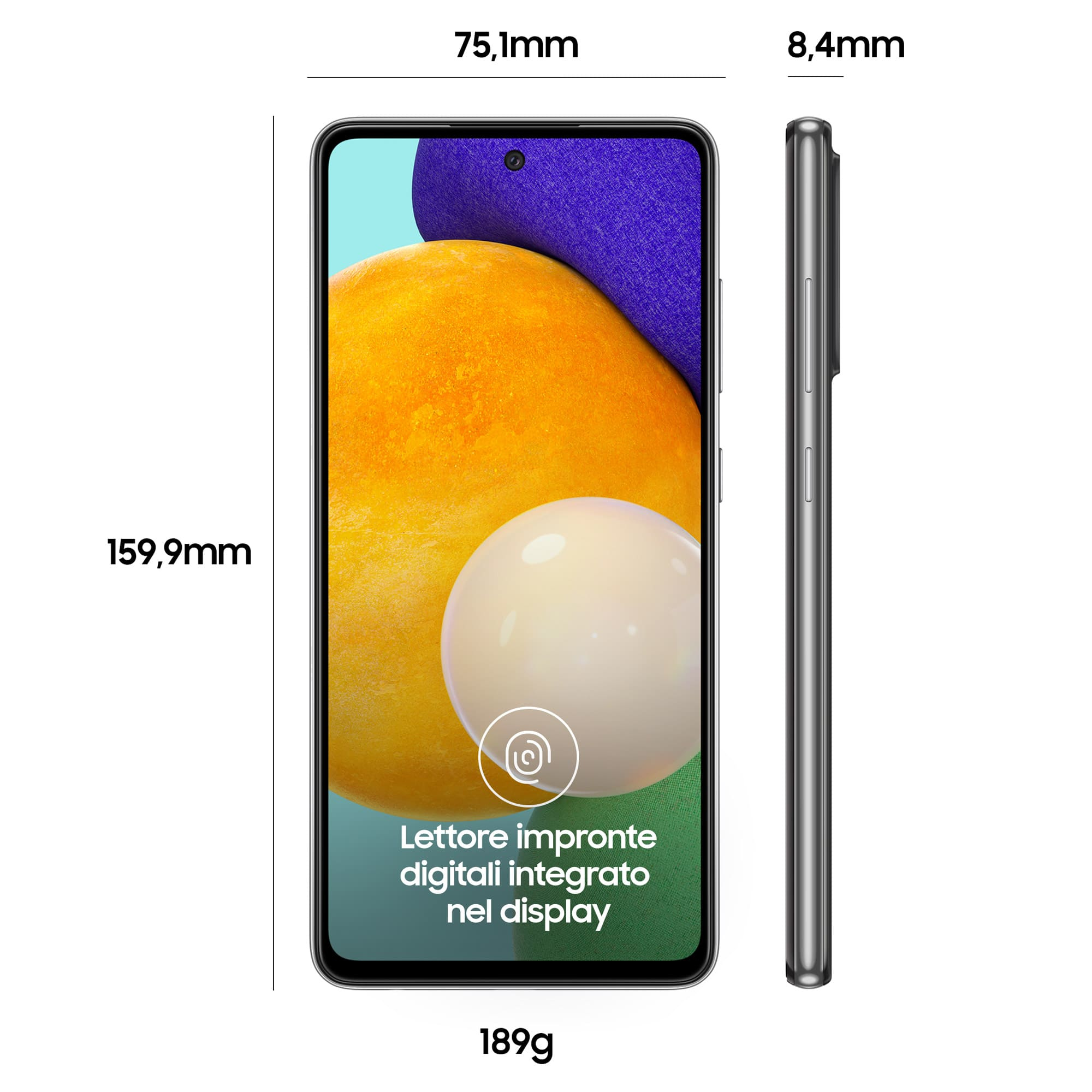 Smartfon z wyświetlonymi wymiarami. Ma ekran z pomarańczowo-białym wzorem i czujnik odcisków palców.