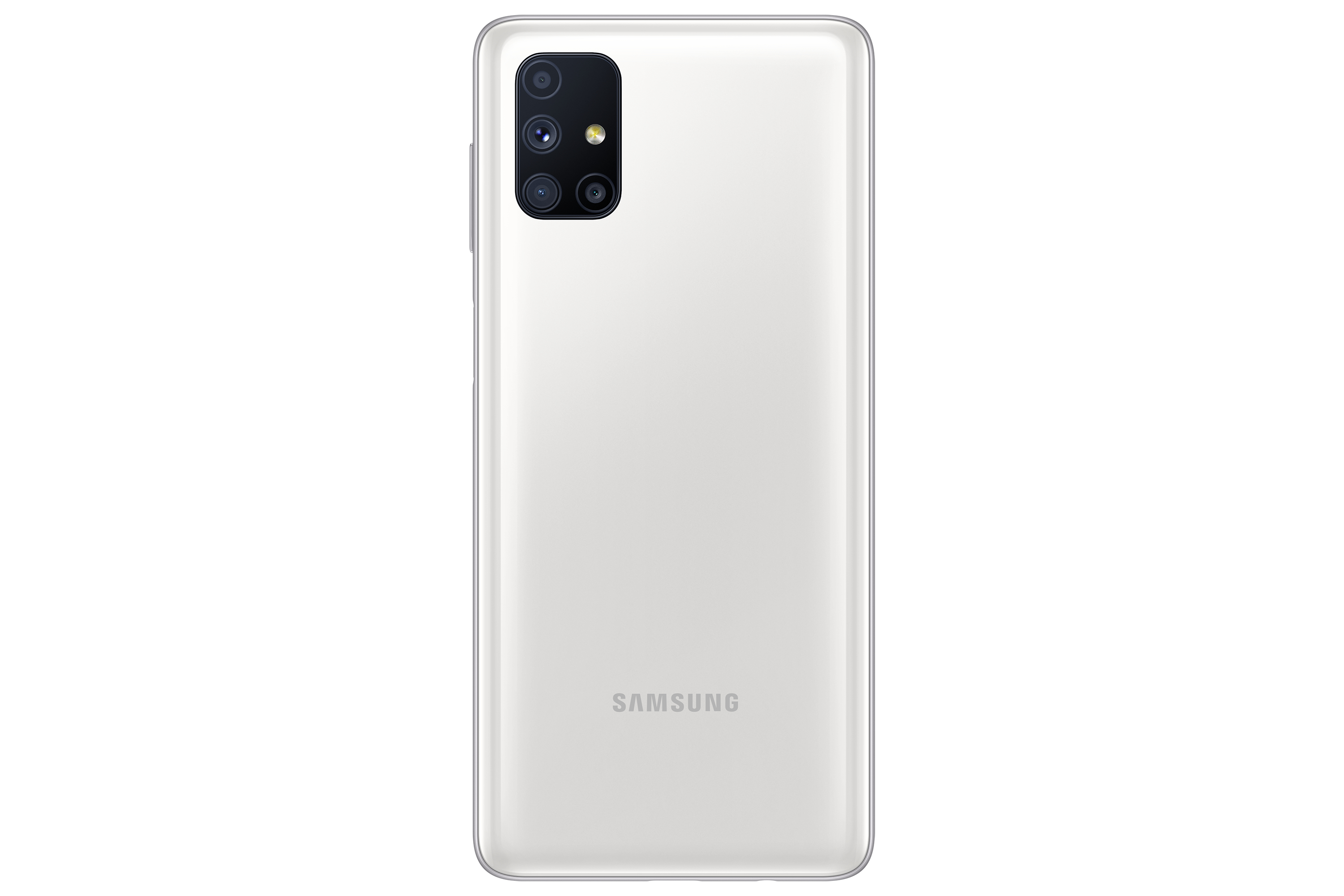 Rückseite eines weißen Samsung-Smartphones. Drei Kameras und das Samsung-Logo sind sichtbar.