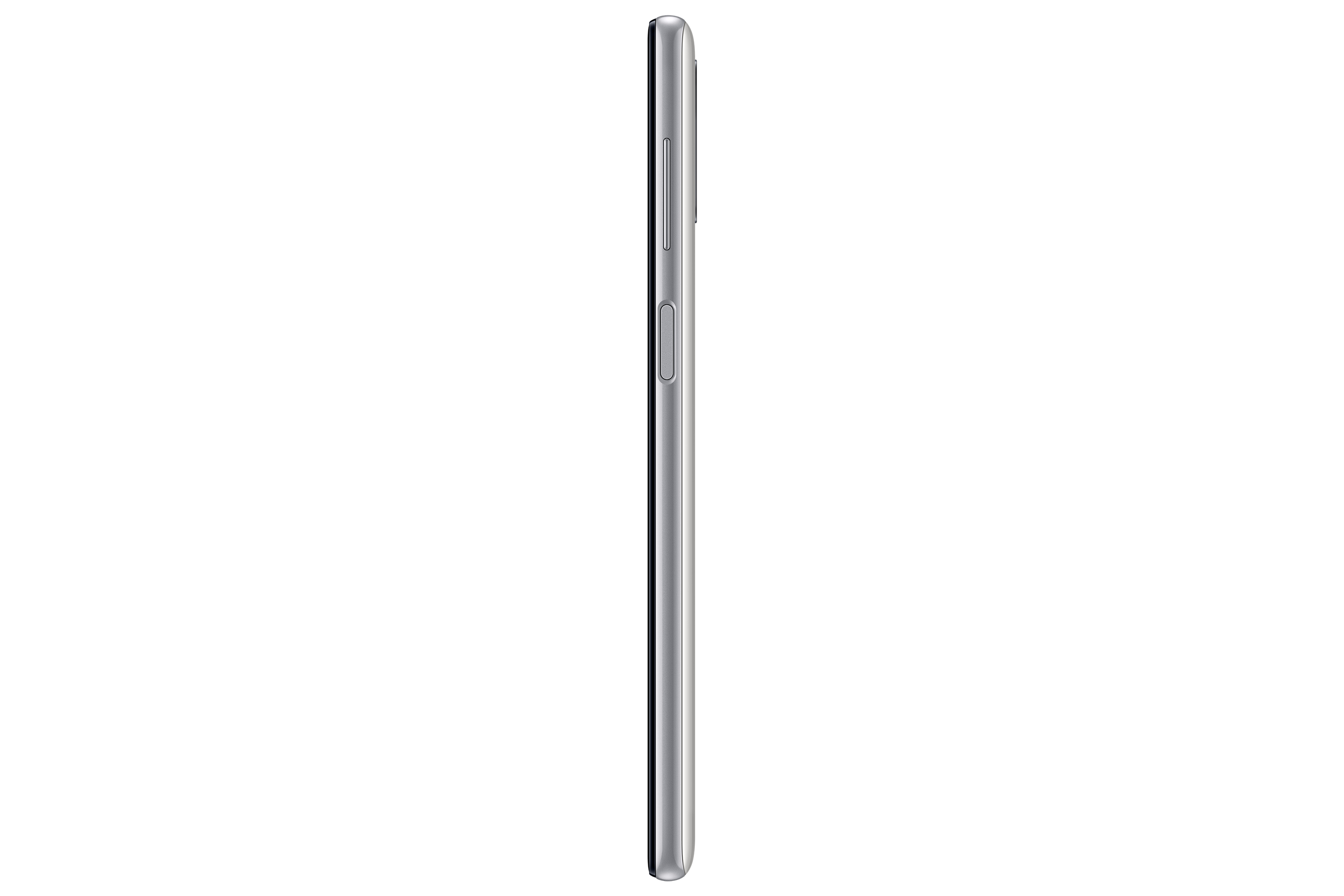 Seitenansicht eines silbernen Smartphones. Tasten an der Seite, sauberes Design.