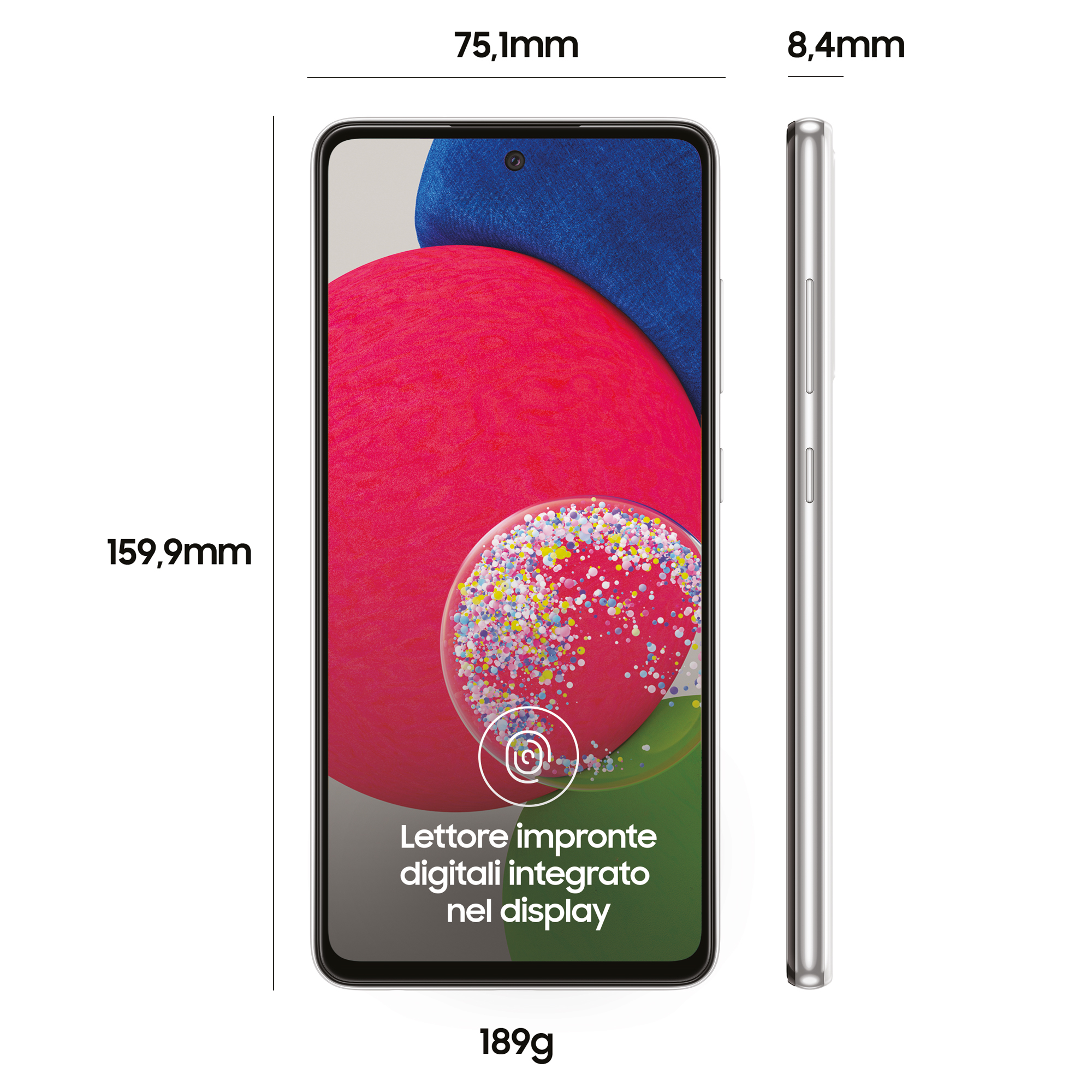 Silbernes Samsung-Telefon mit Abmessungen und Funktionen. Display zeigt bunten Hintergrund. Abmessungen: 159,9x75,1x8,4mm, 189g.