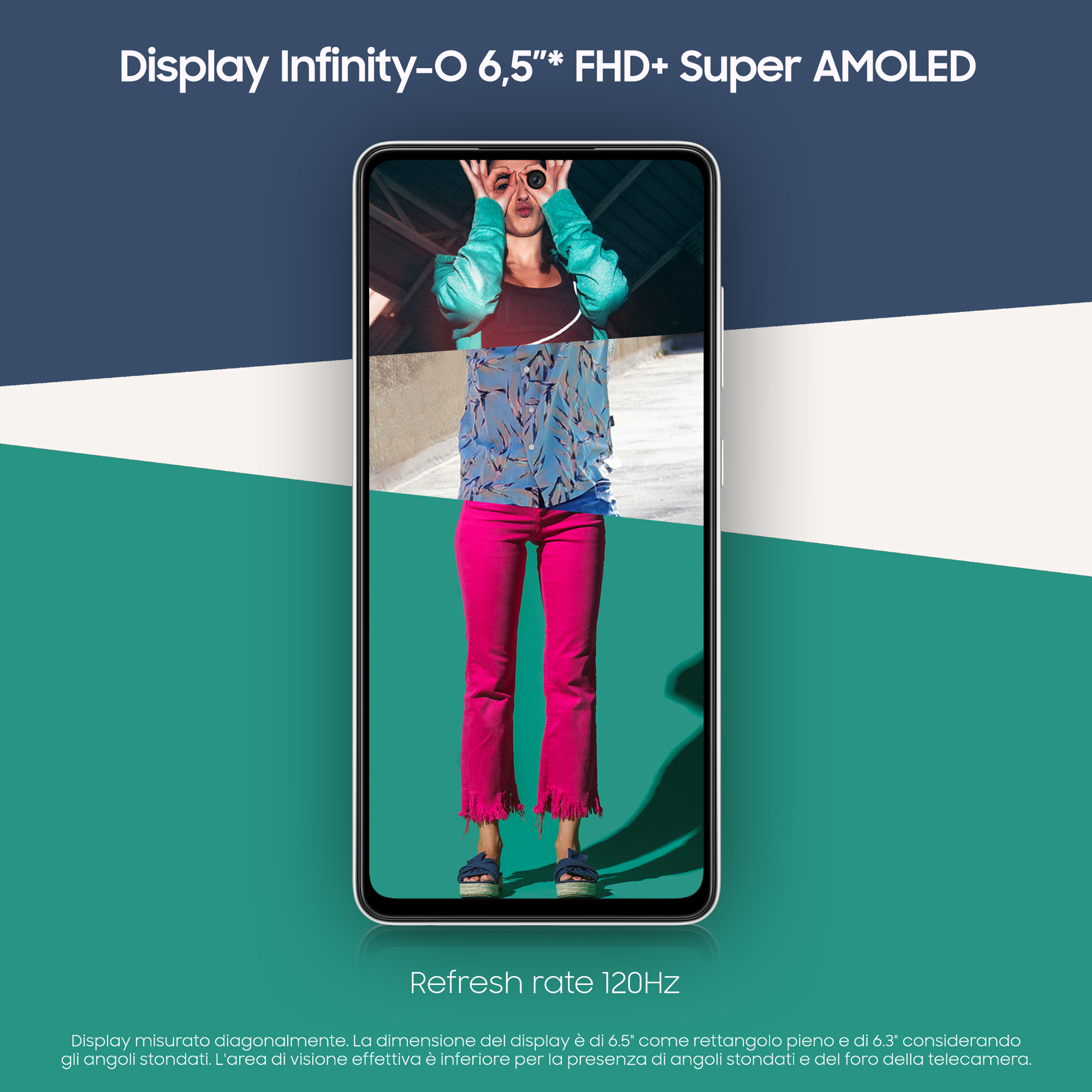 Telefonbildschirm, der eine Person anzeigt, mit dem Text 'Display Infinity-O'.