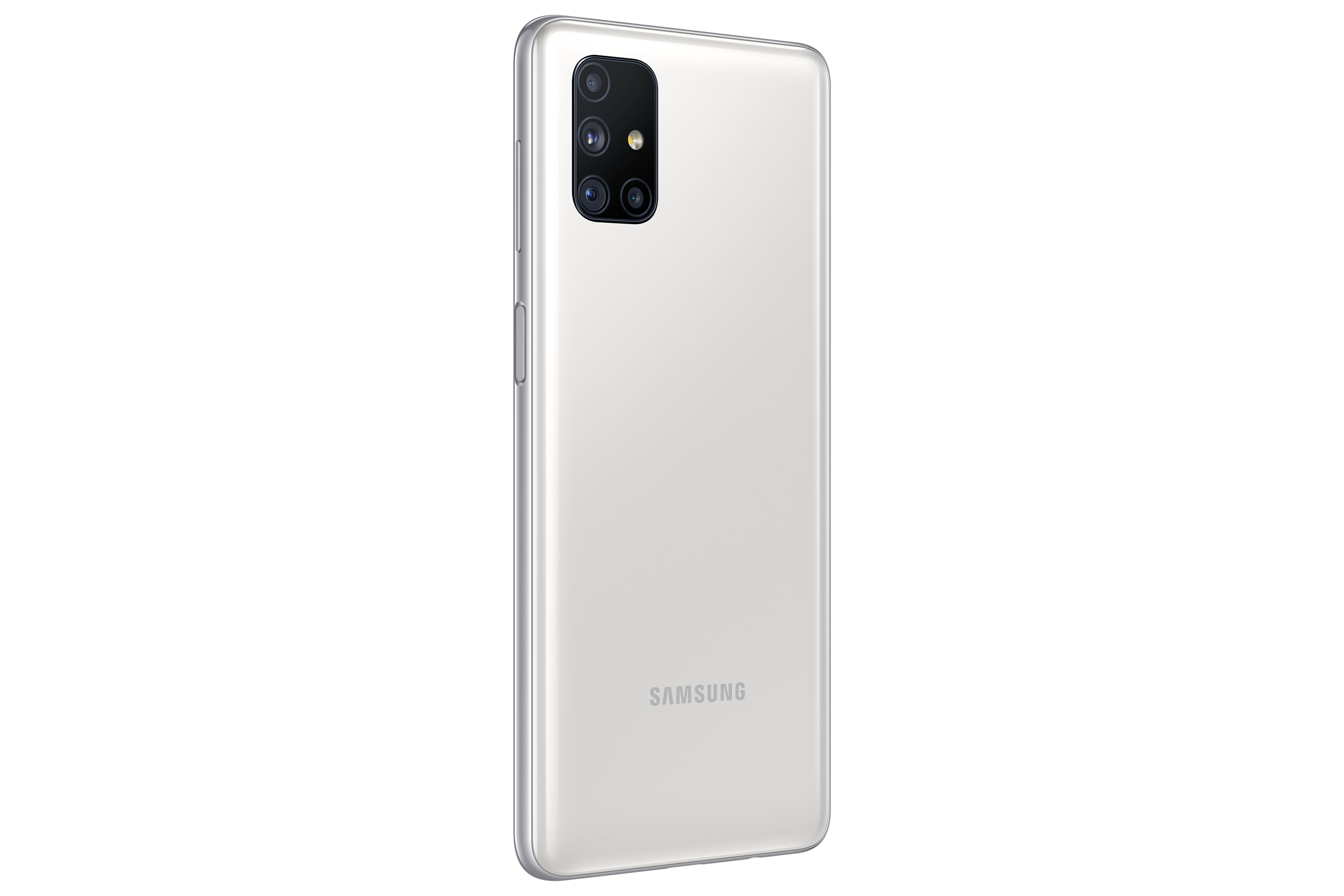 Weißes Smartphone mit mehreren Kameras und einem Samsung-Logo auf der Rückseite.