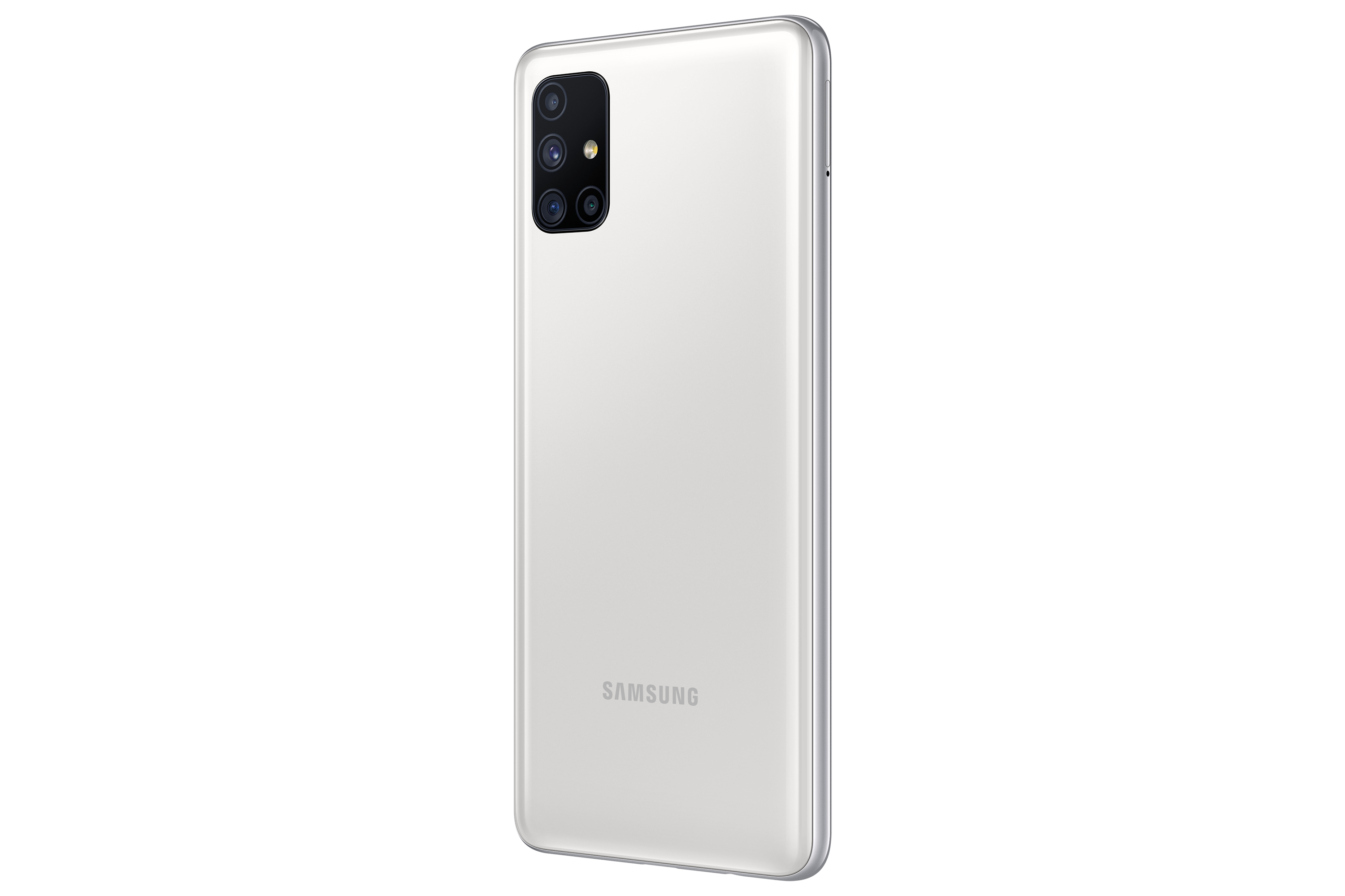 Rückseite eines weißen Telefons. Samsung-Logo sichtbar. Weißer Hintergrund.