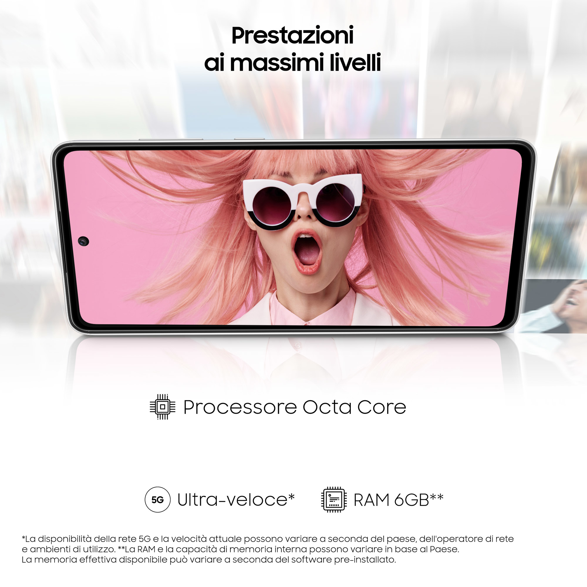 Telefonbildschirm mit einer Frau mit pinken Haaren und Sonnenbrille, mit Text 'Processore Octa Core', 'Ultra-veloce'.