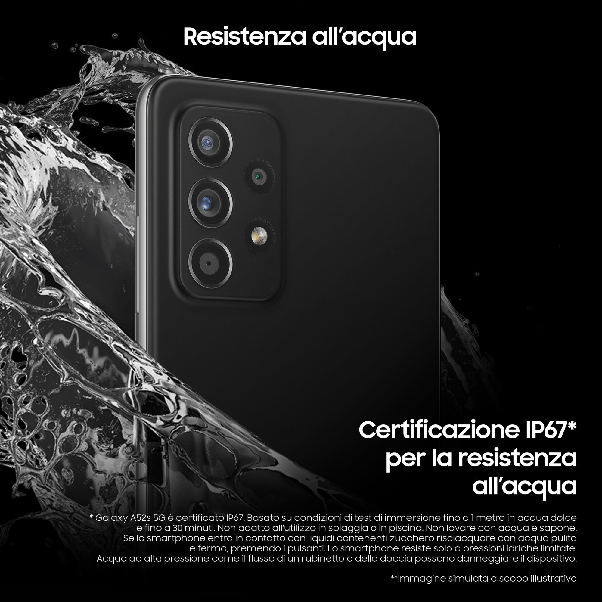 Ein schwarzes Telefon mit Wasserspritzern, mit einem Text über Wasserbeständigkeit.
