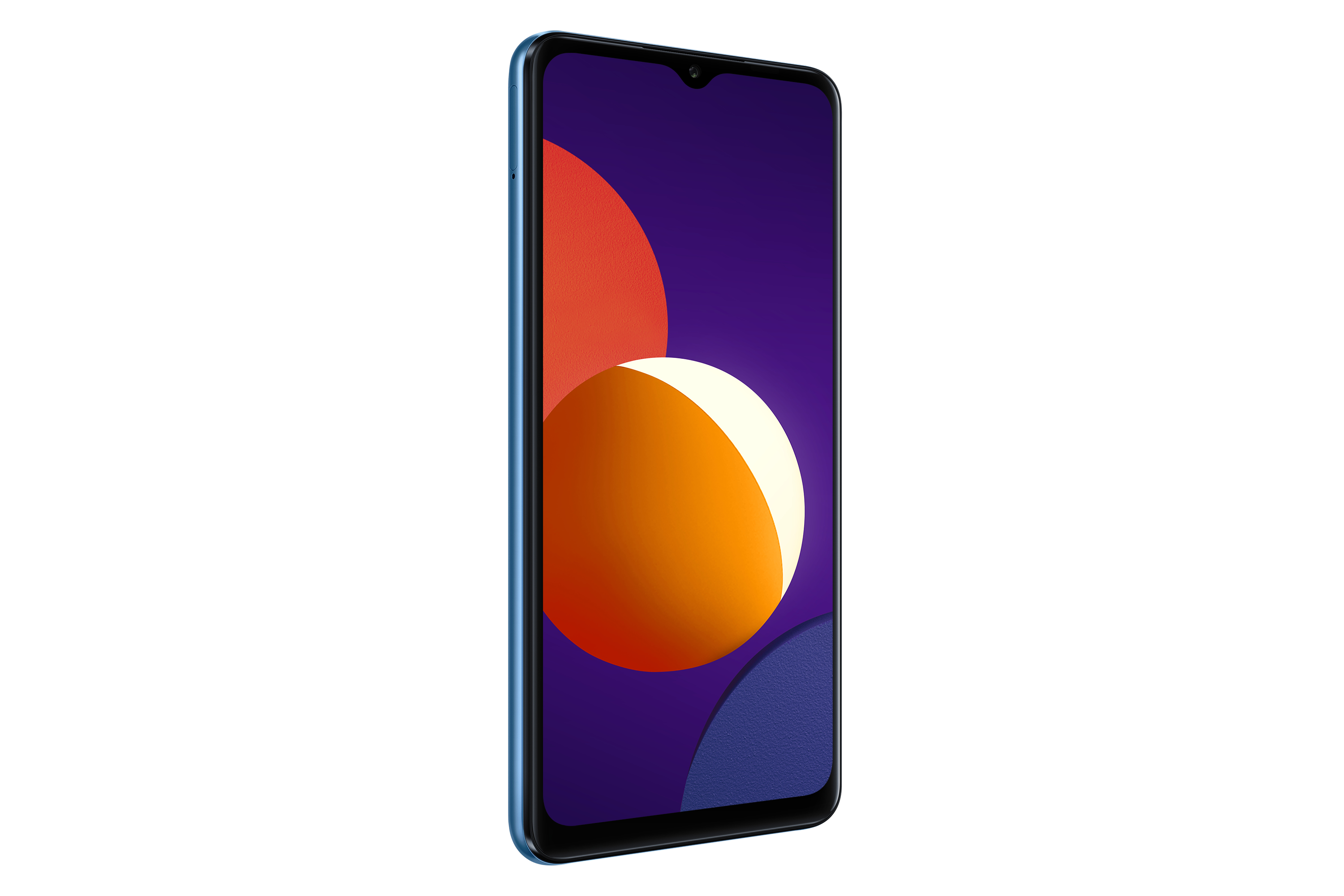 Blaues Smartphone mit Bildschirm, der blaue und orange abstrakte Formen zeigt.