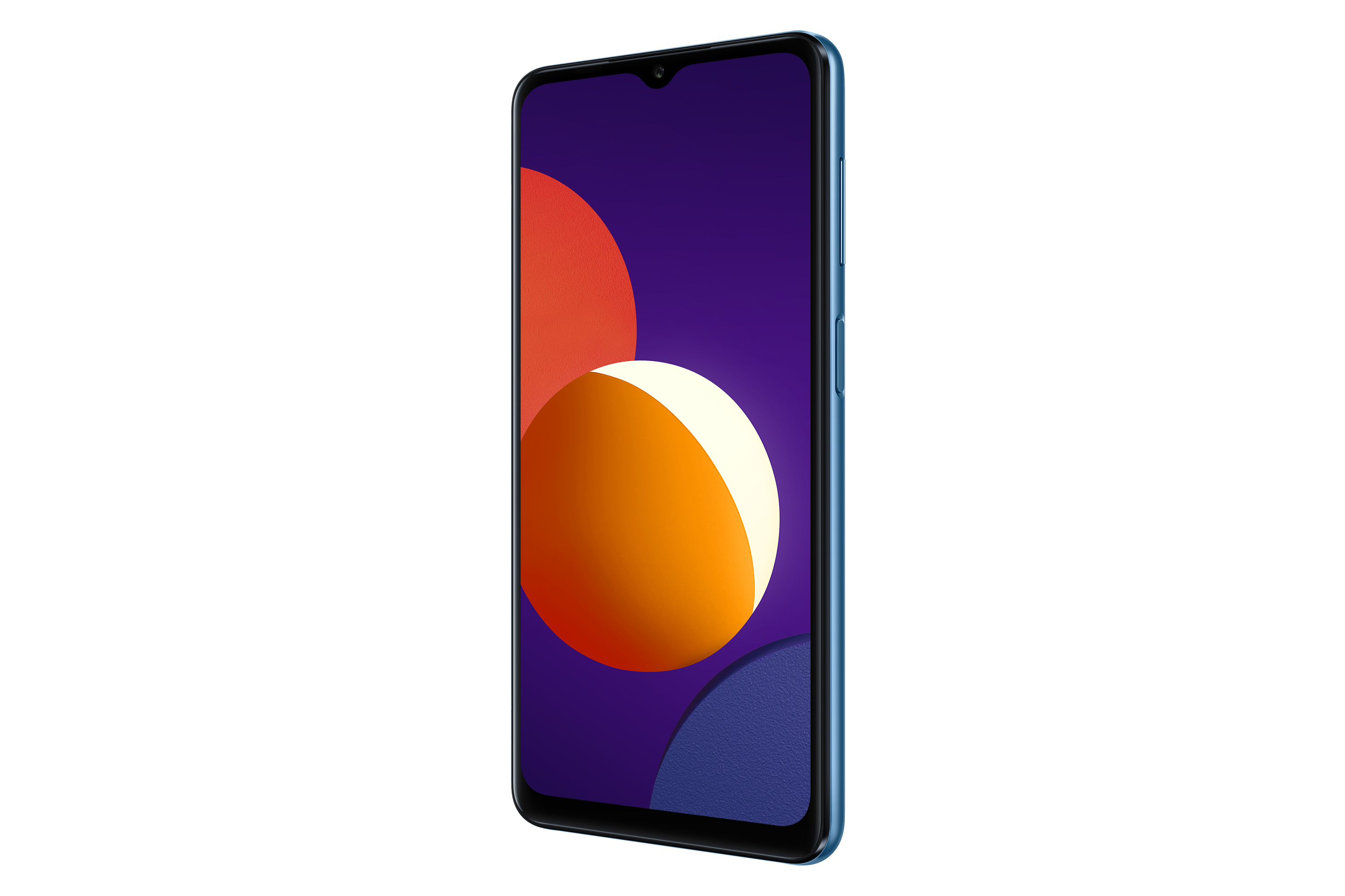Türkisfarbenes Smartphone im Winkel. Der Bildschirm zeigt einen Farbverlauf. Weißer Hintergrund.