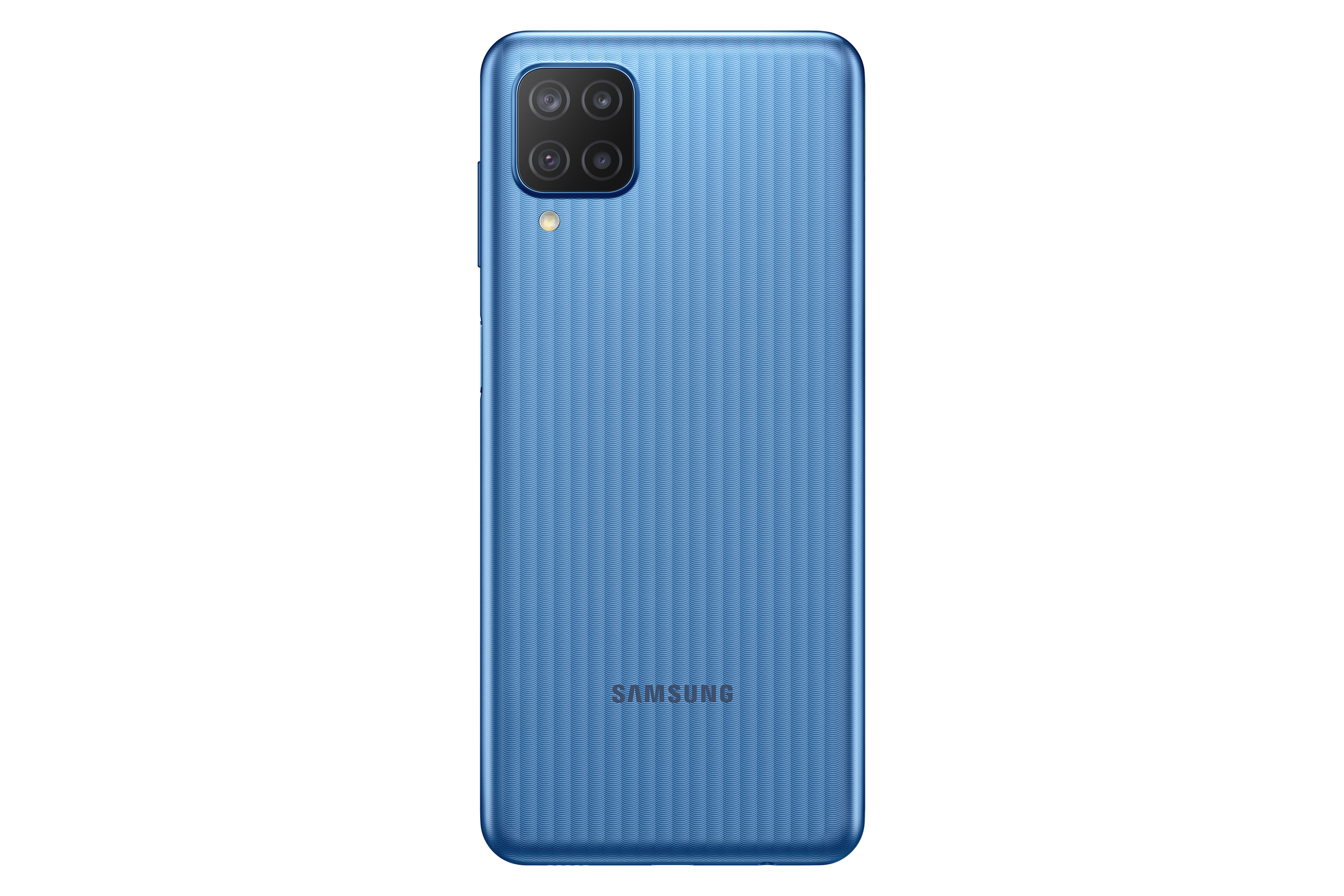 Blaue Telefonrückseite, strukturierte Oberfläche, Kamera-Array, Samsung-Logo, weißer Hintergrund.