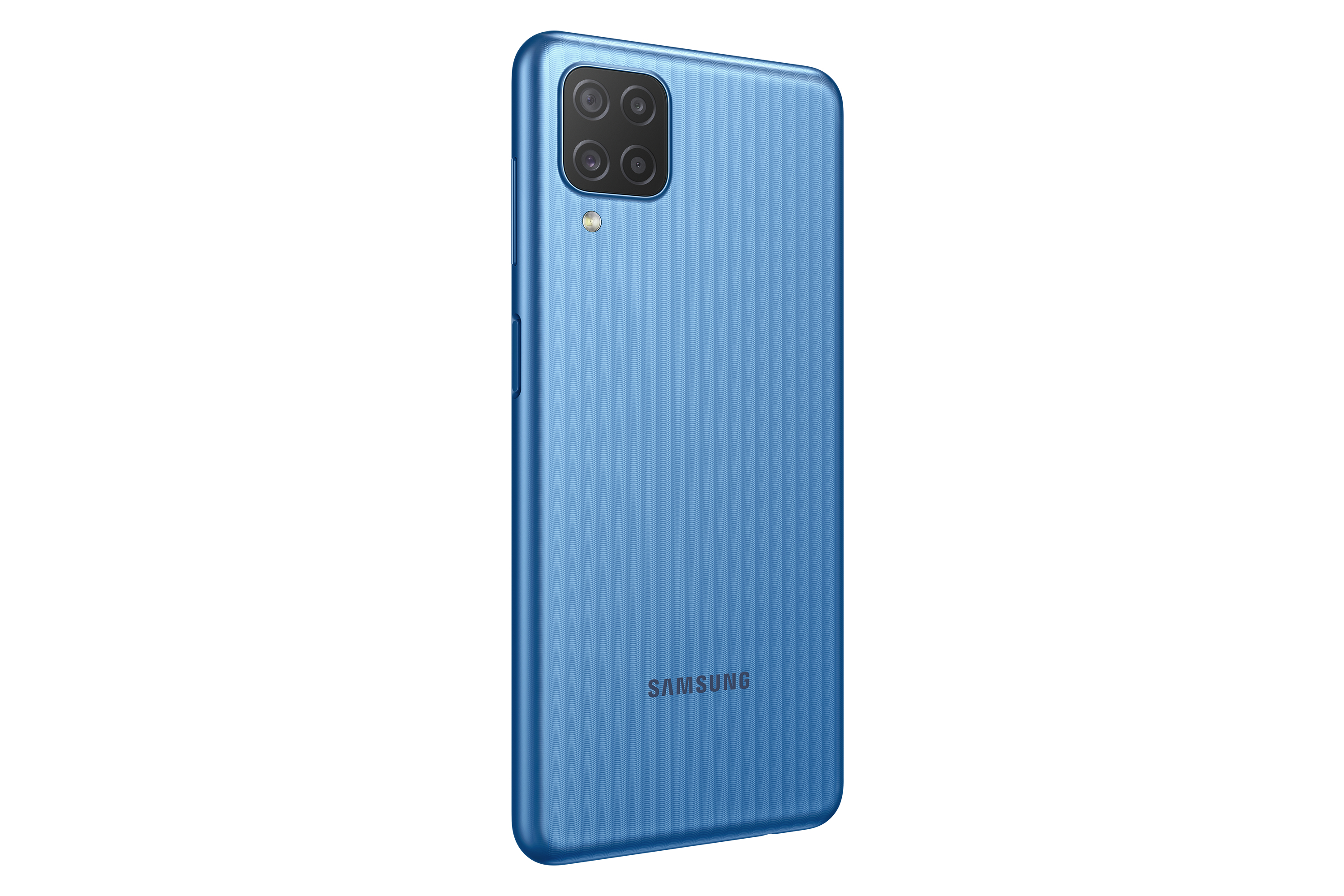Rückseite eines blauen Samsung-Telefons mit vier Kameras und strukturierter Rückseite.