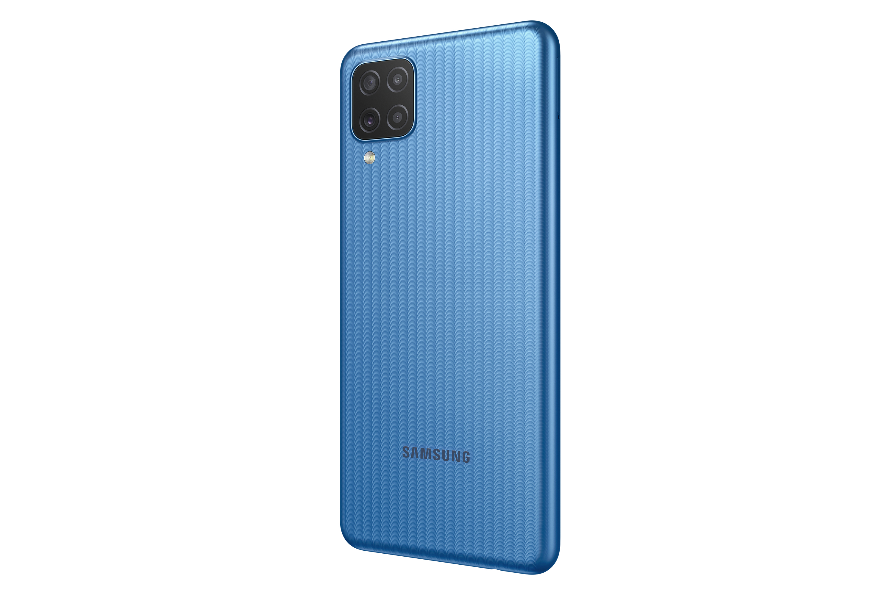 Rückseite eines blauen Smartphones mit Kamera und Samsung-Logo. Weißer Hintergrund.