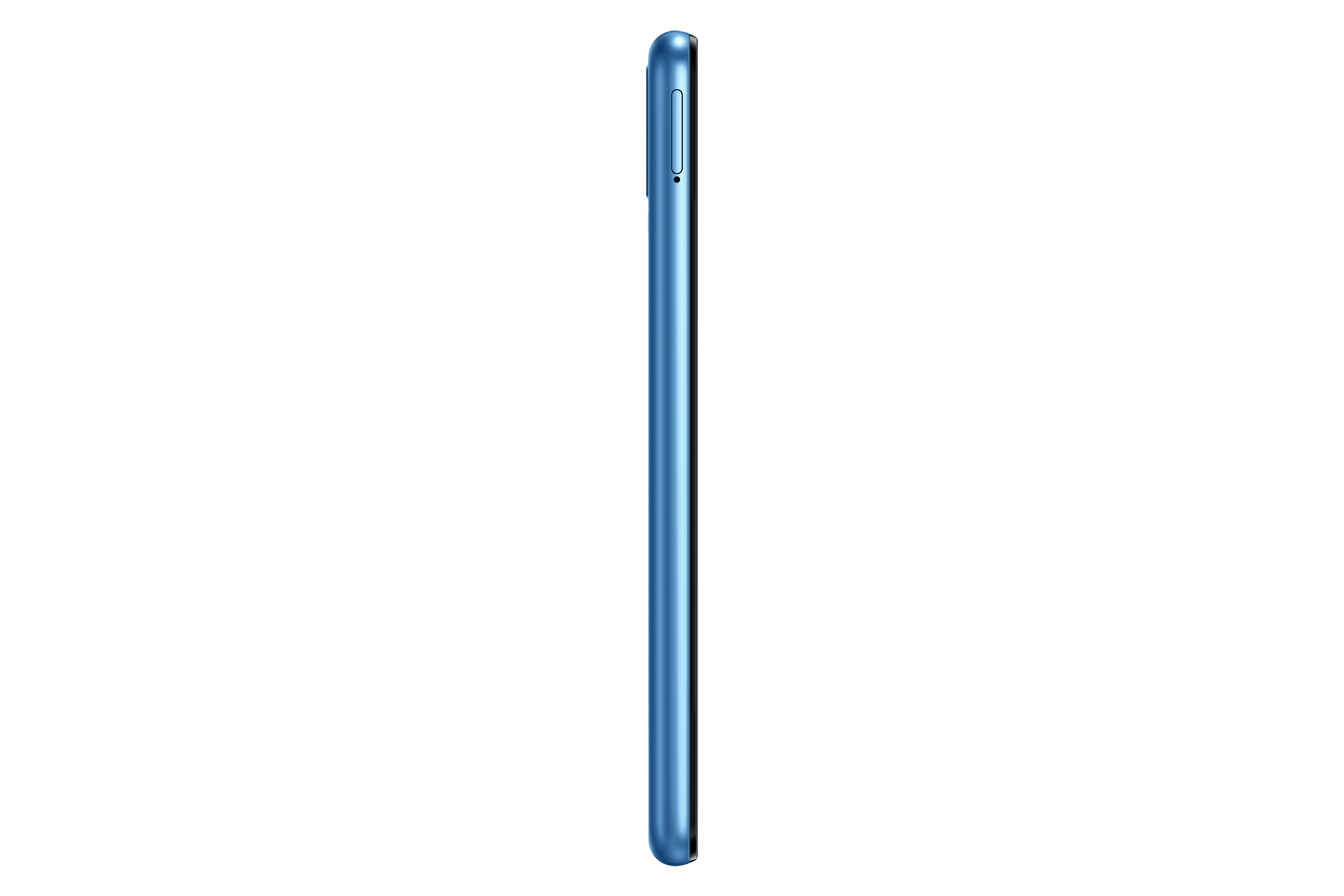 Blaues Telefon, Seitenansicht, zeigt die Taste an der Seite. Das Telefon auf weißem Hintergrund.