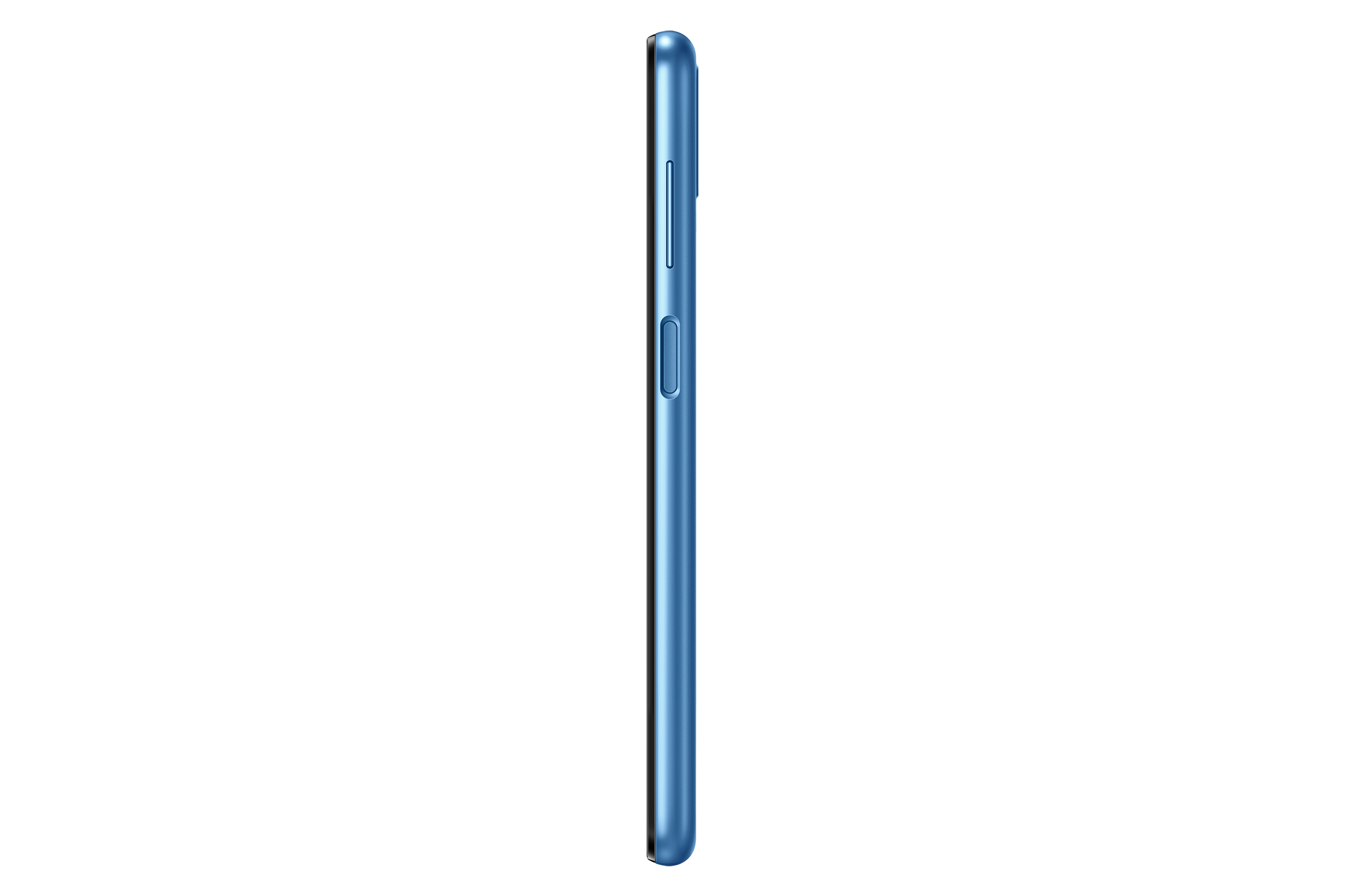 Blaue Smartphone-Seitenansicht. Tasten an der Seite sichtbar. Isoliert auf weißem Hintergrund.