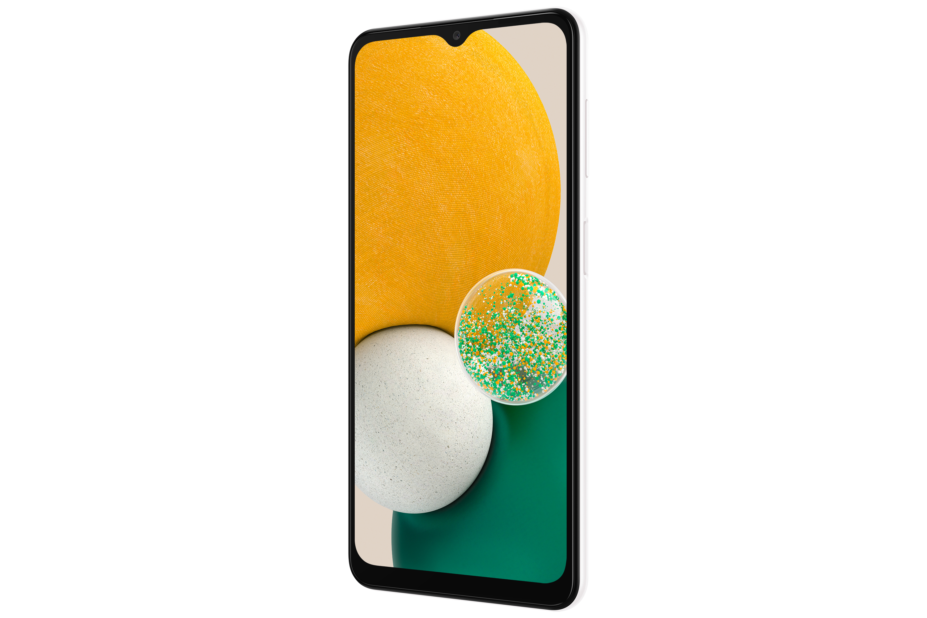 Smartphone with yellow and white abstract art, white background.