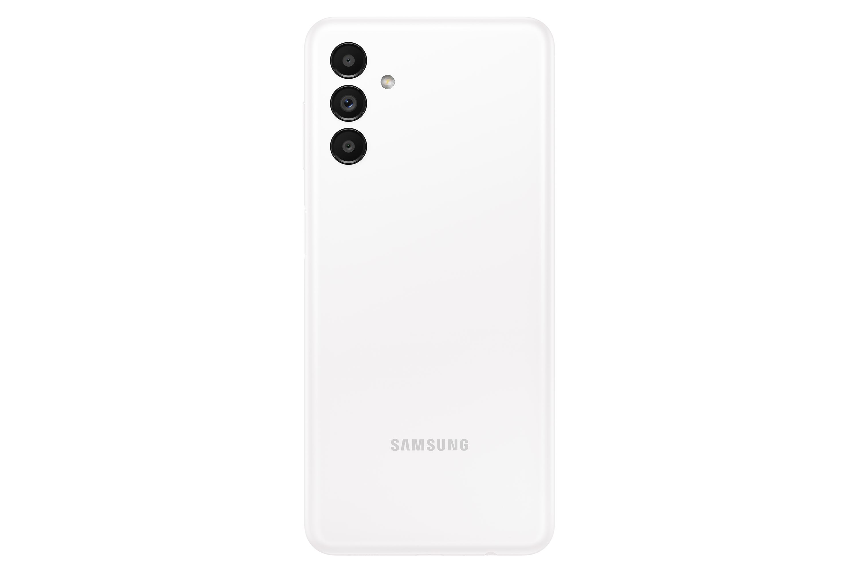 White Samsung phone back, with three cameras and the Samsung logo below them.