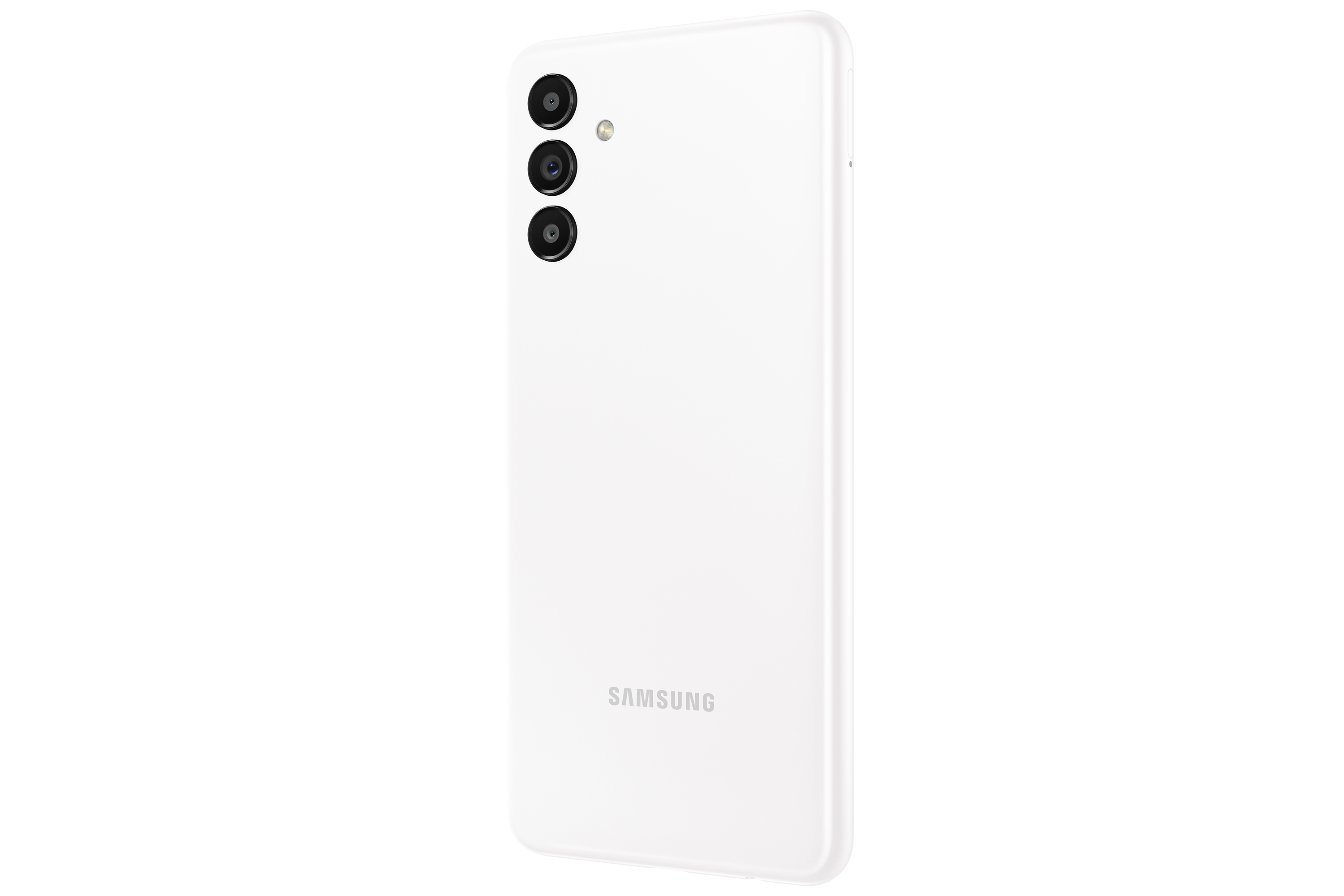White smartphone back with three cameras and Samsung logo.