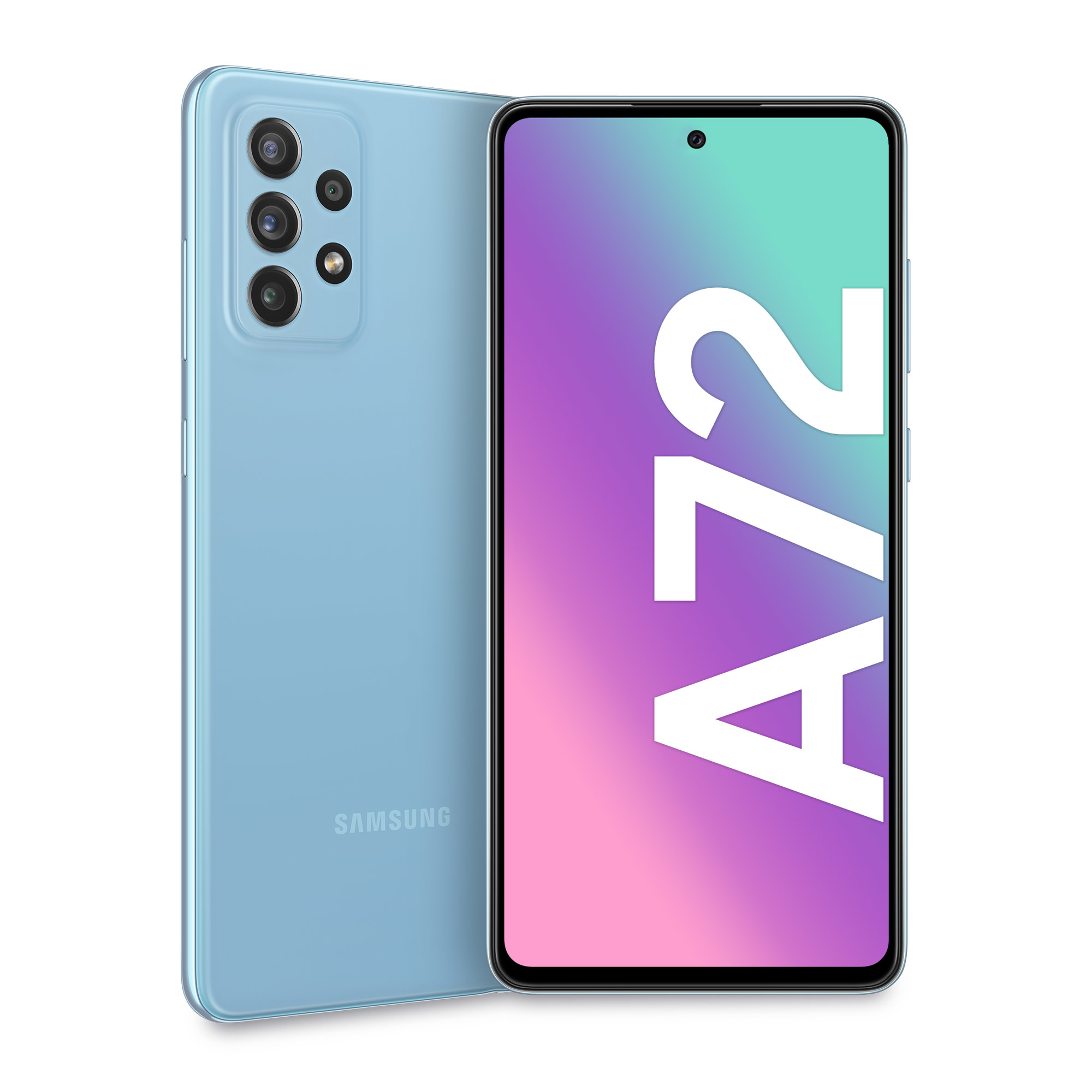 Blaues Smartphone mit Rückkameras und einem Bildschirm, der die Zahl '72' zeigt, weißer Hintergrund.