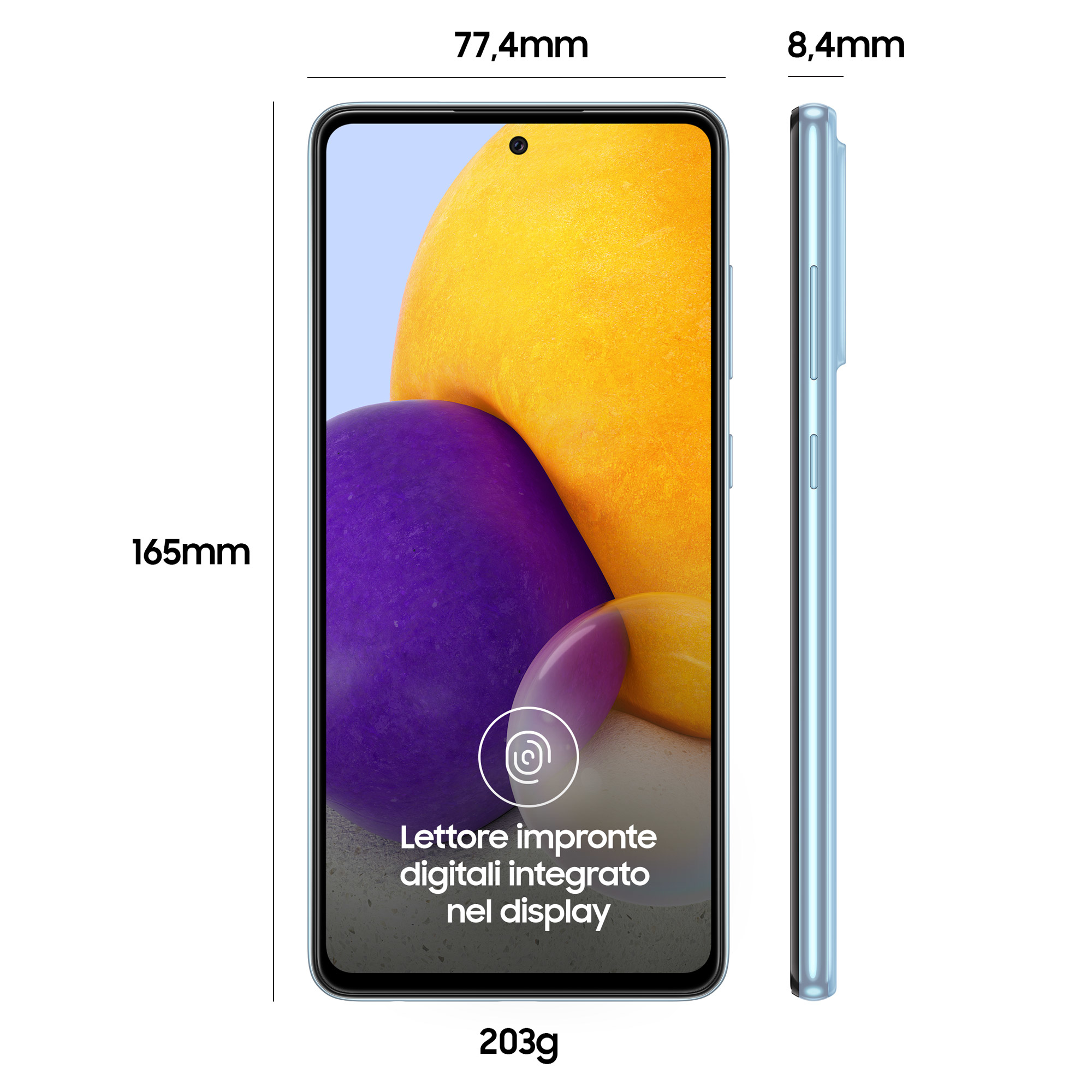 Telefon von vorne und von der Seite. Abmessungen, Gewicht und ein Fingerabdrucksensor-Symbol.
